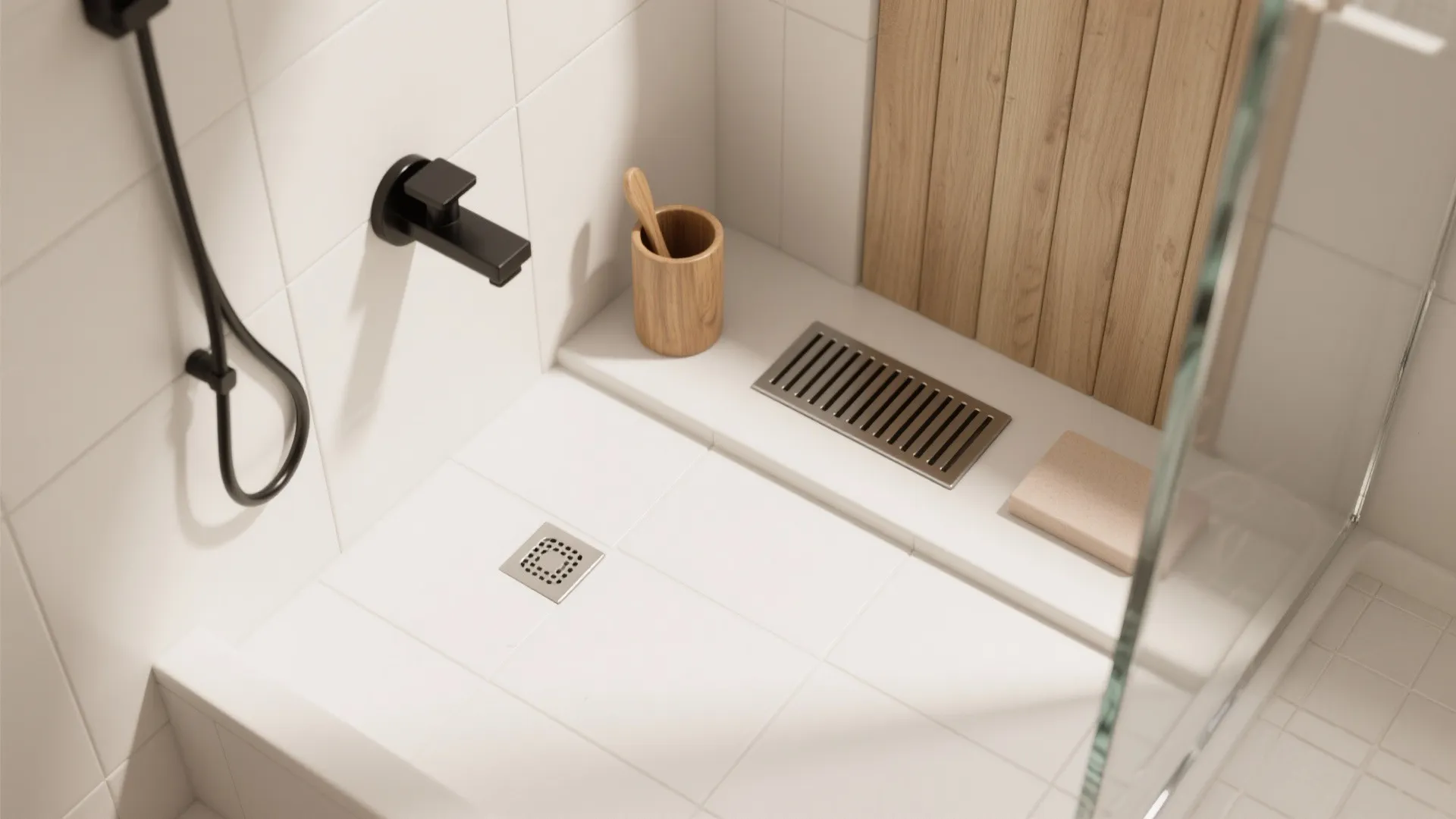 4) Soft Spa Minimalism: Light Tile, Warm Wood, Matte Black