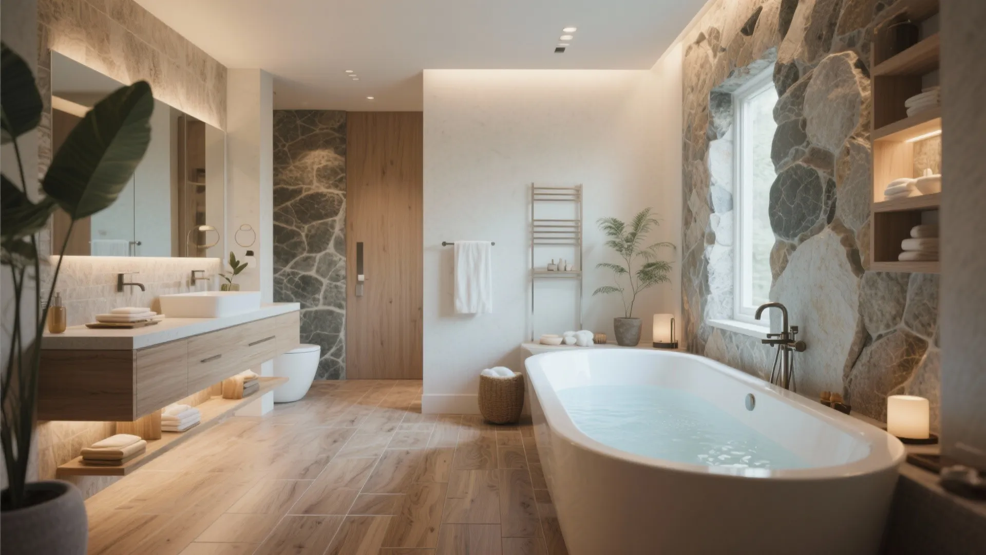 Modern bathroom with large white bathtub, stone wall, wooden floor, vanity sink, and natural light