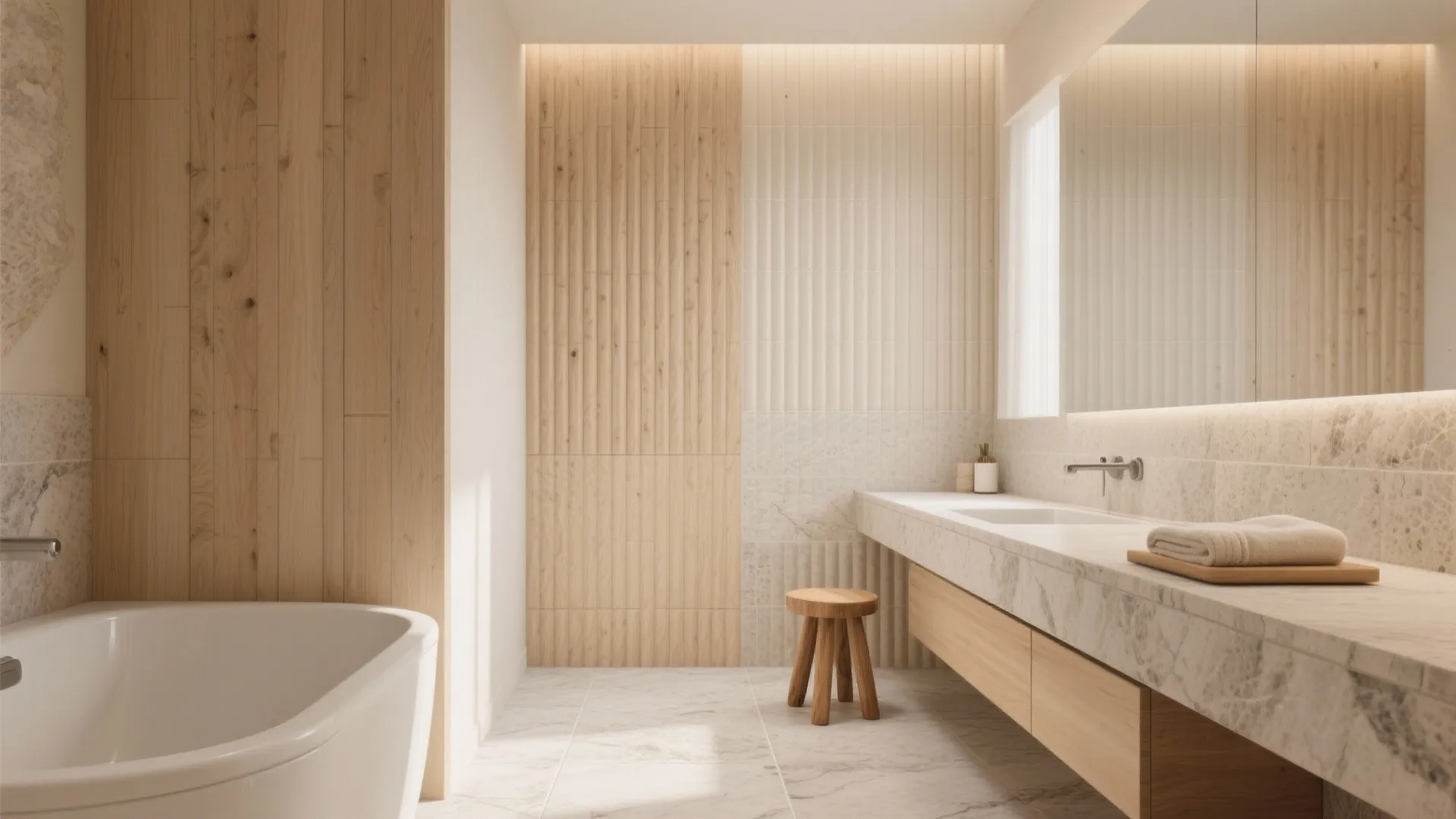 Minimalist natural bathroom with light wood wall panels marble sink and white bathtub and stool
