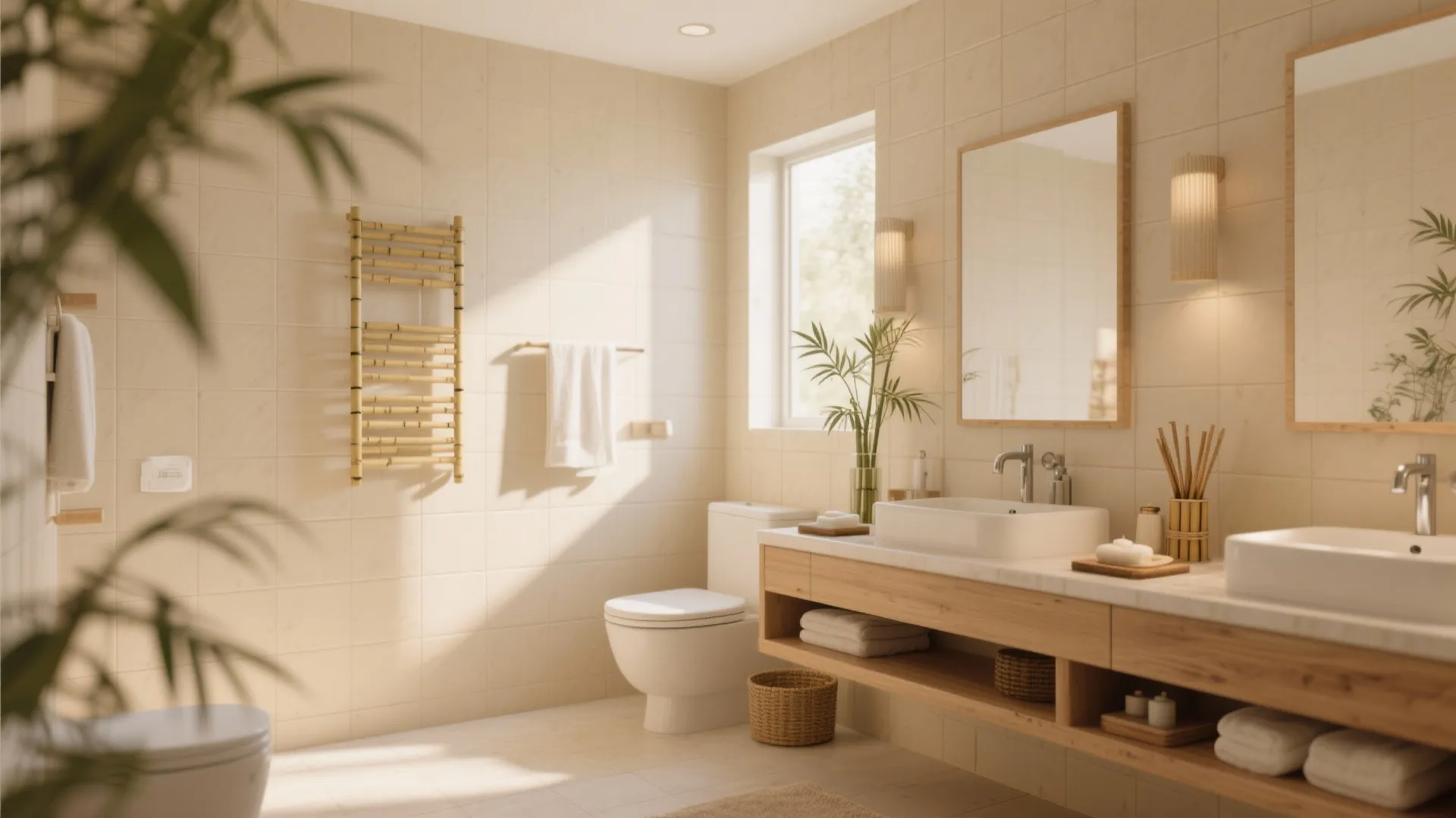Neutral bathroom with wooden cabinet white sink toilet square tiles wall light and green plant decor