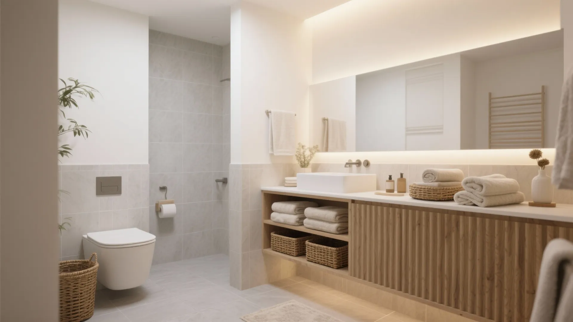 Bright bathroom featuring wooden cabinet white sink large mirror toilet and open shower with tiles