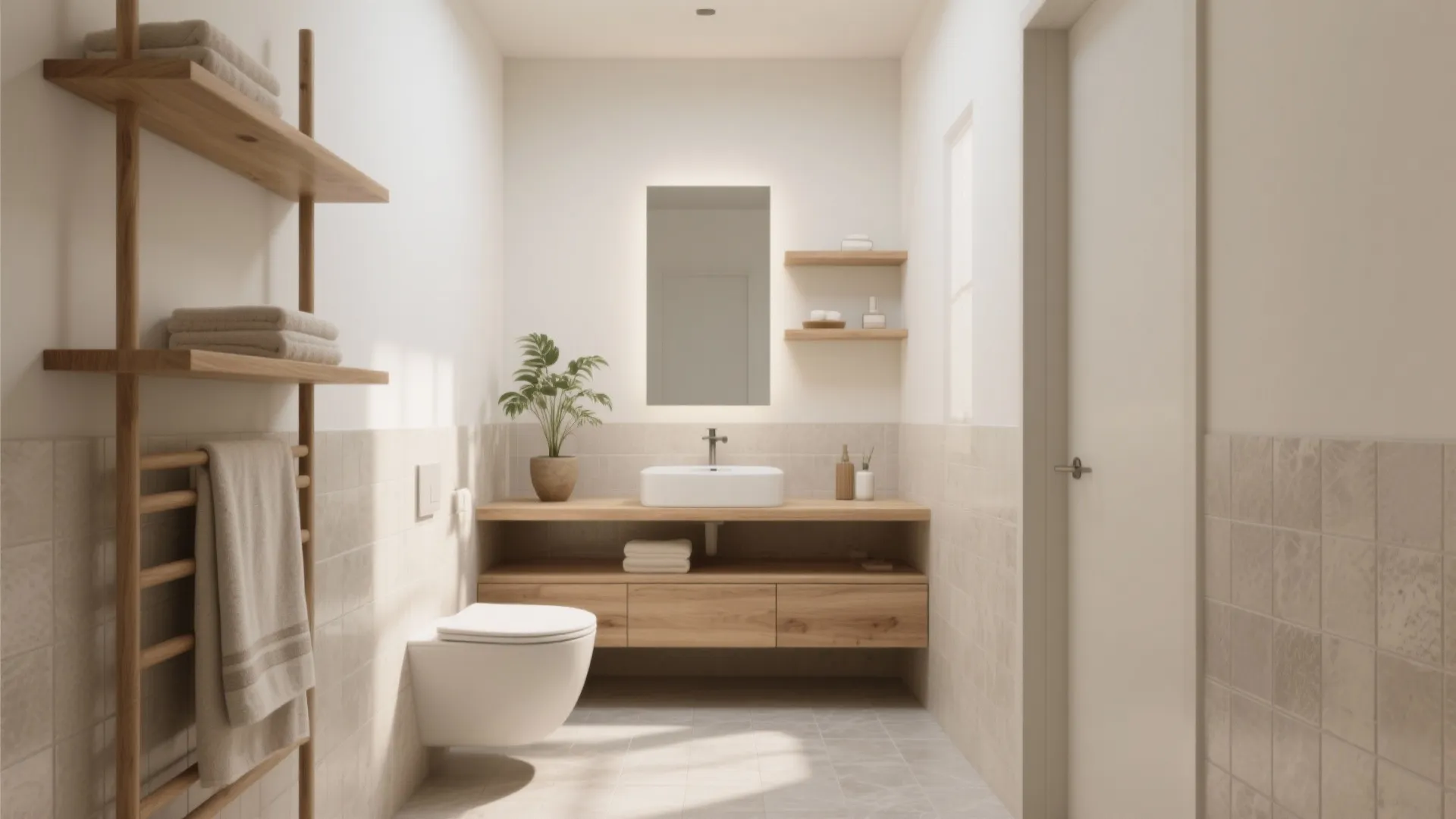 Modern bathroom with wood vanity and white sink and toilet and wall shelves and mirror