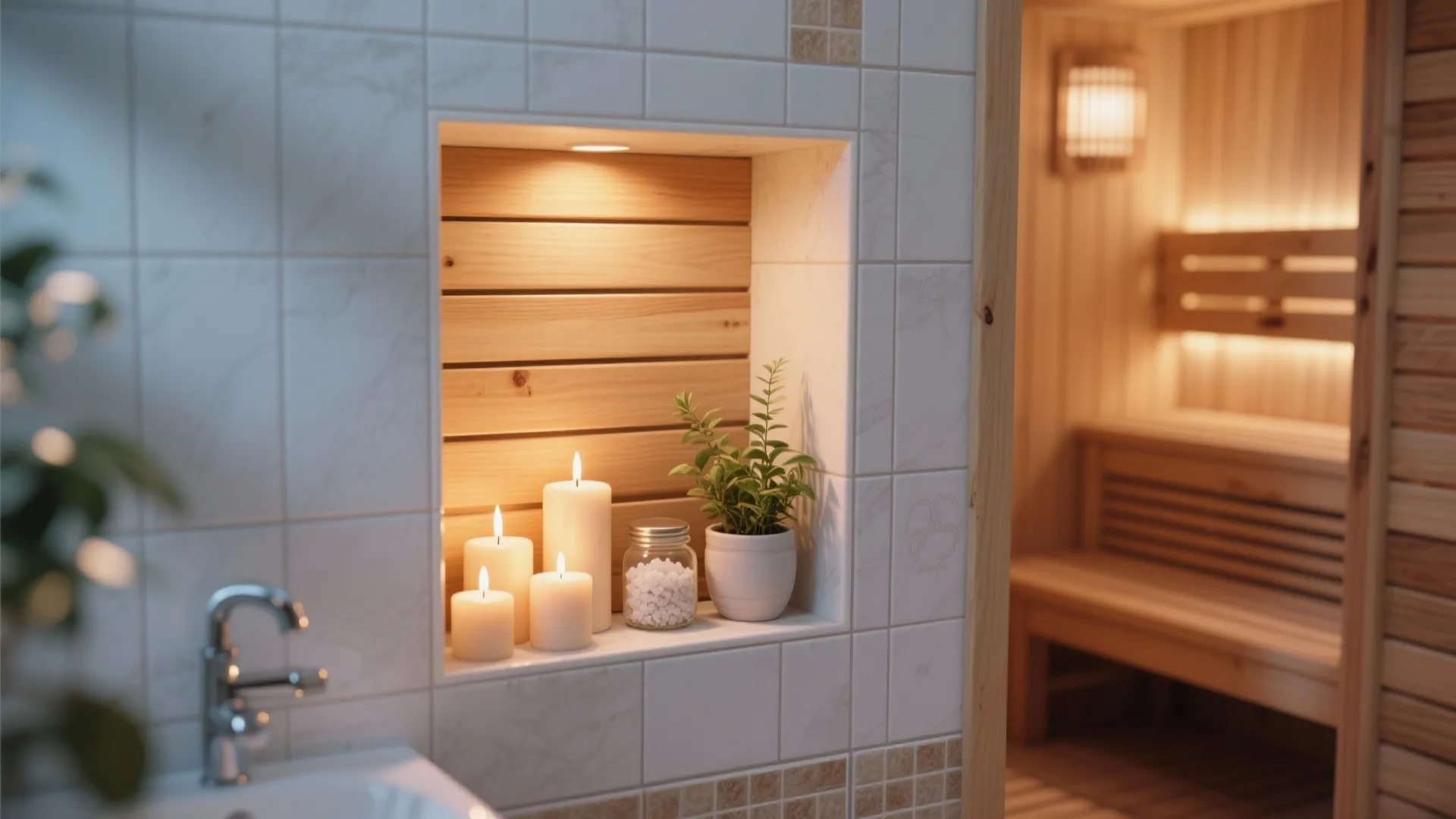 Recessed wall niche with candles and bath accessories next to sauna