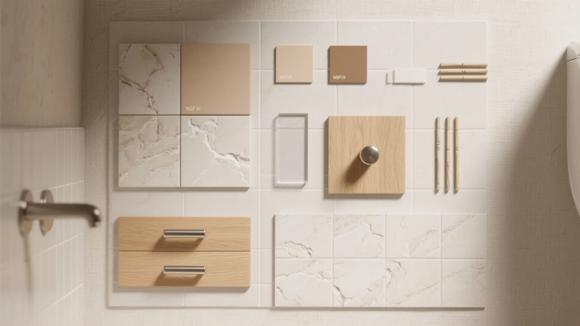 Interior design material board showing marble tiles wood samples beige color swatches and silver handles