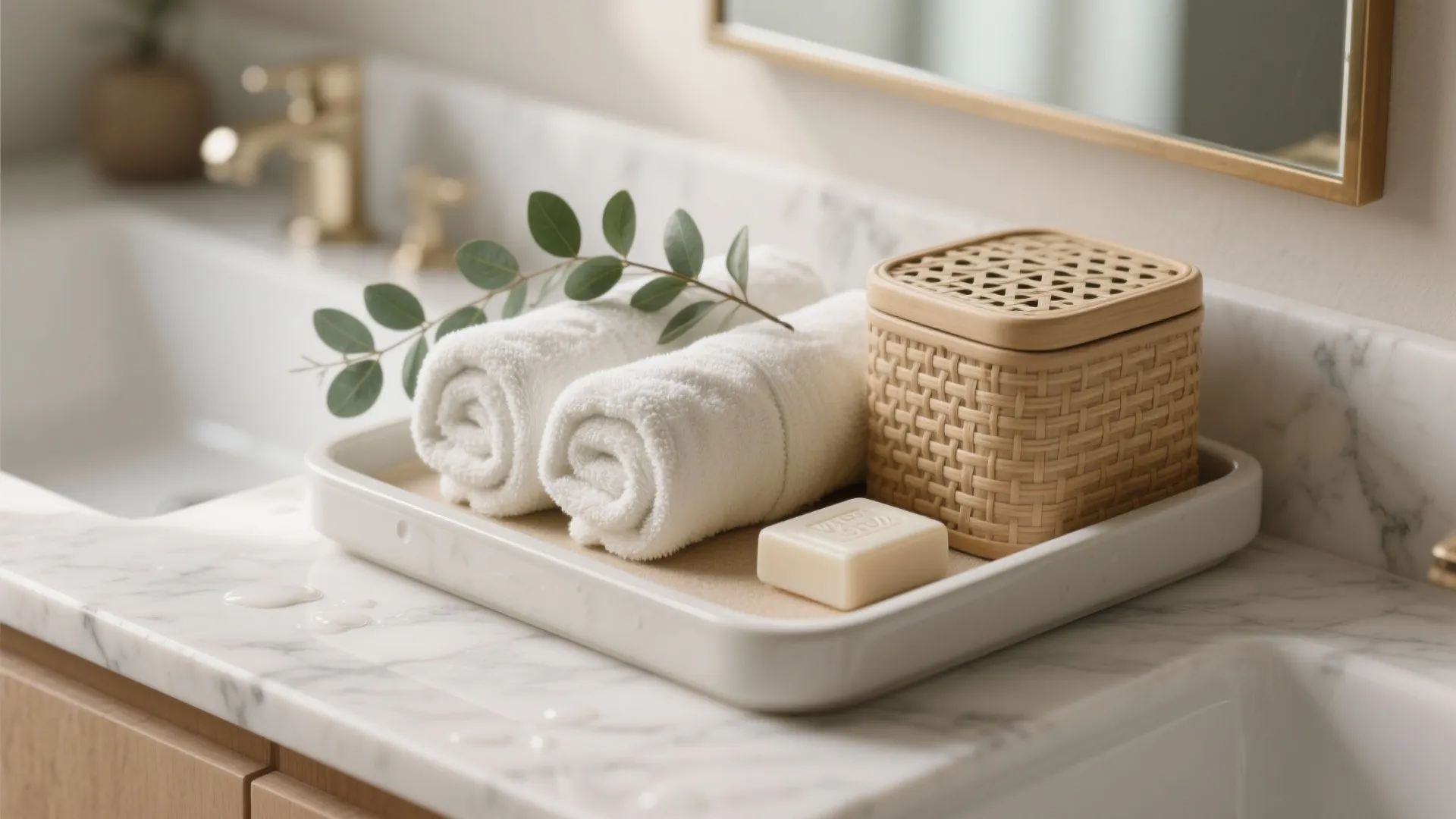 Rolled hand towels in a low tray with eucalyptus on a vanity ledge.