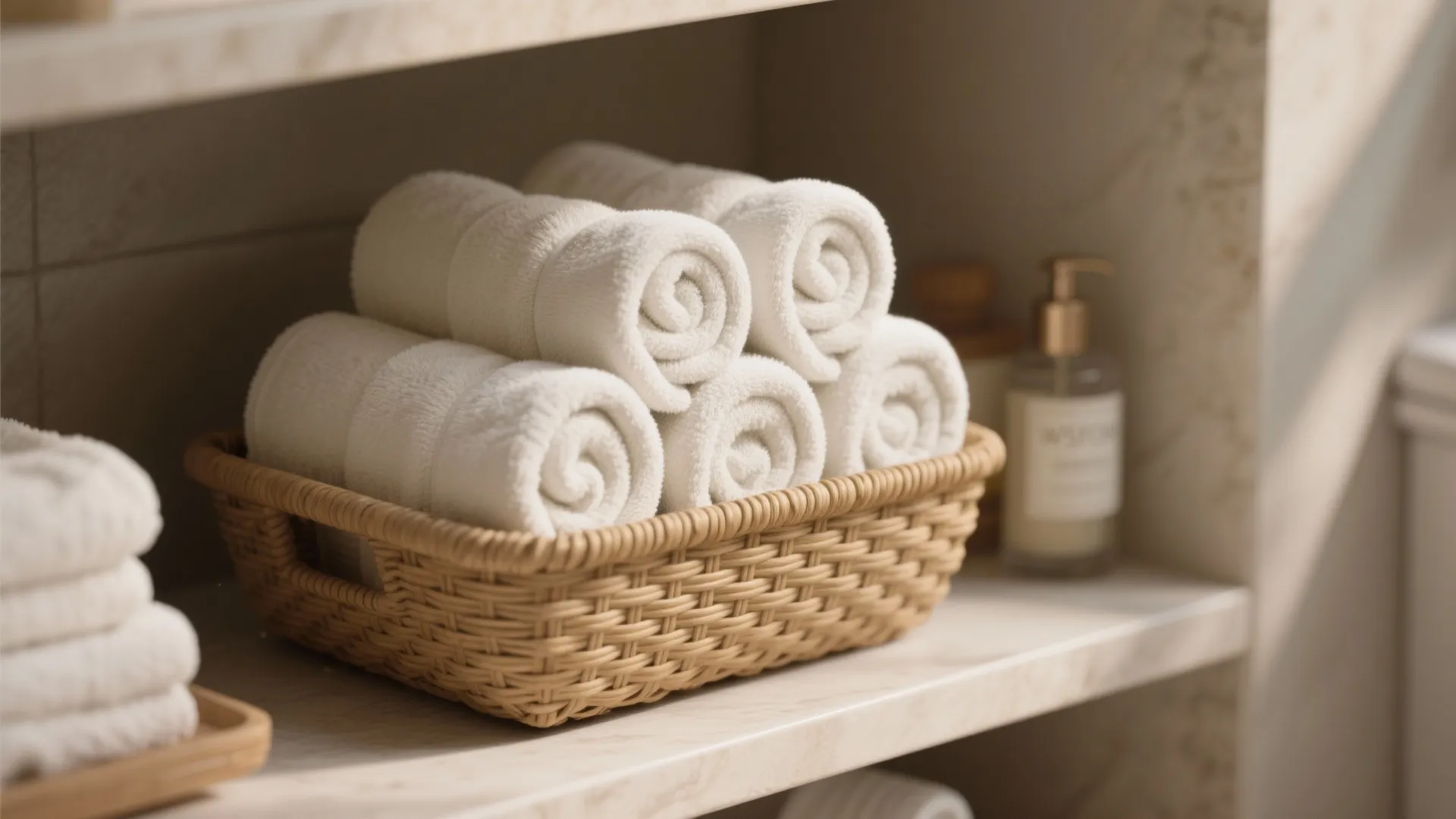 Spa-Style Rolled Towels on Open Shelves