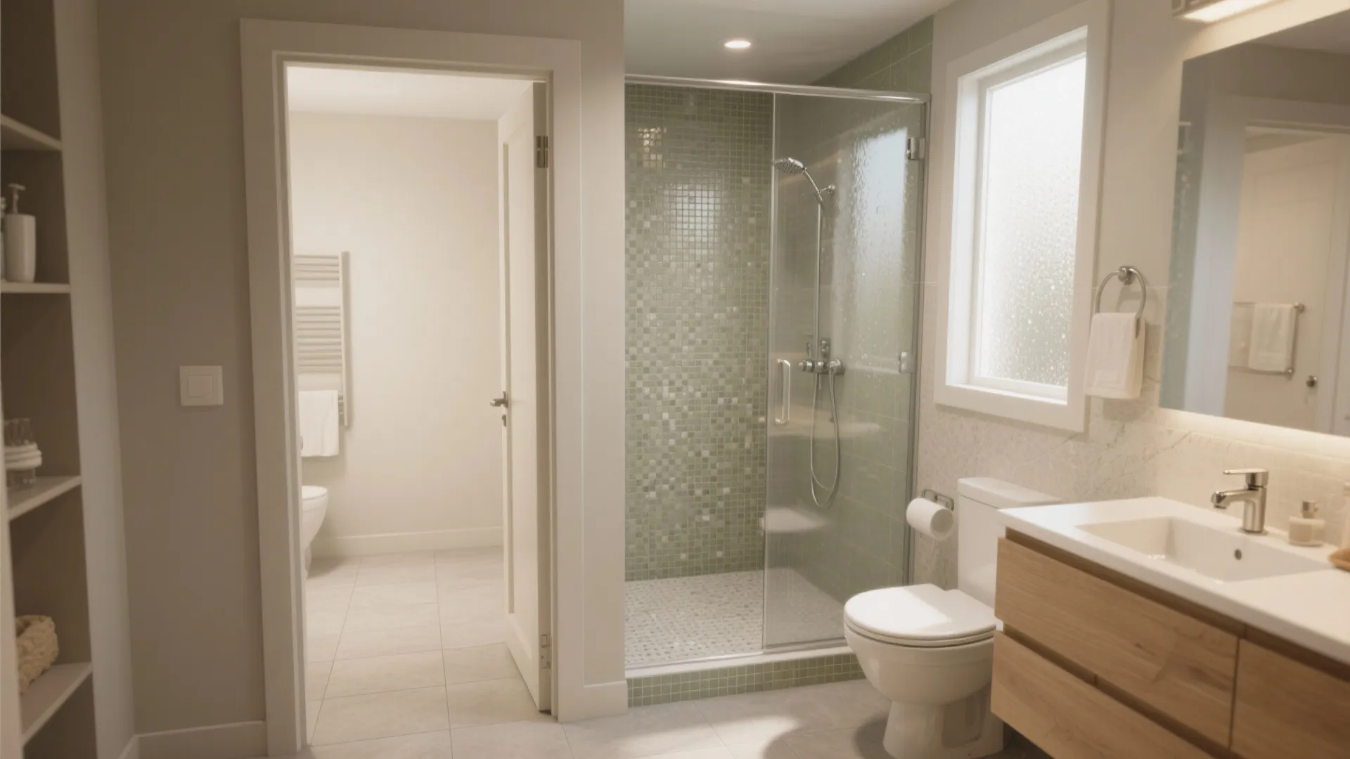Modern bathroom interior design with glass shower door wood cabinet toilet and green wall tiles