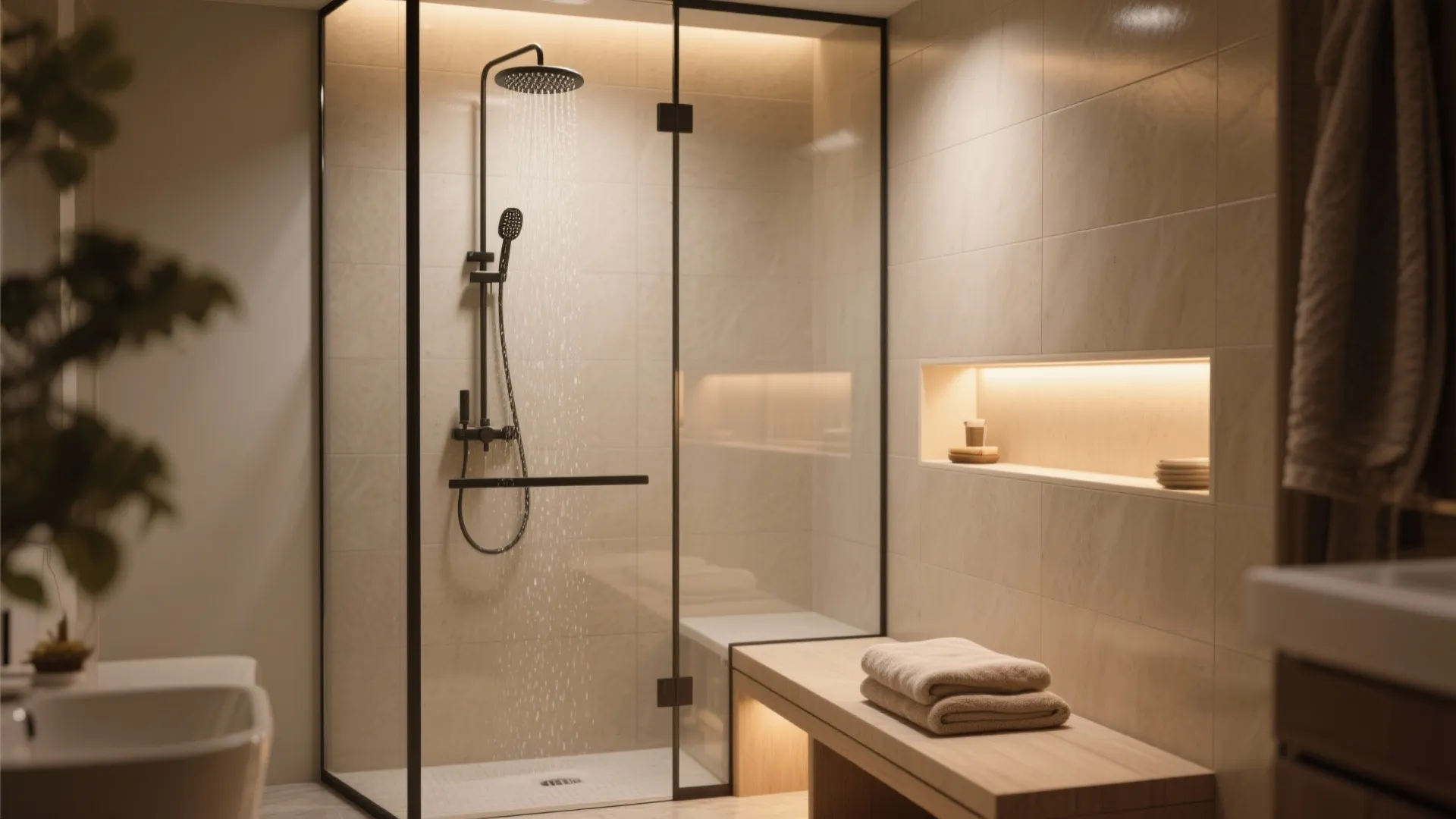 Spa-like shower corner with bench, recessed niche lighting, frameless glass and large-format tiles.