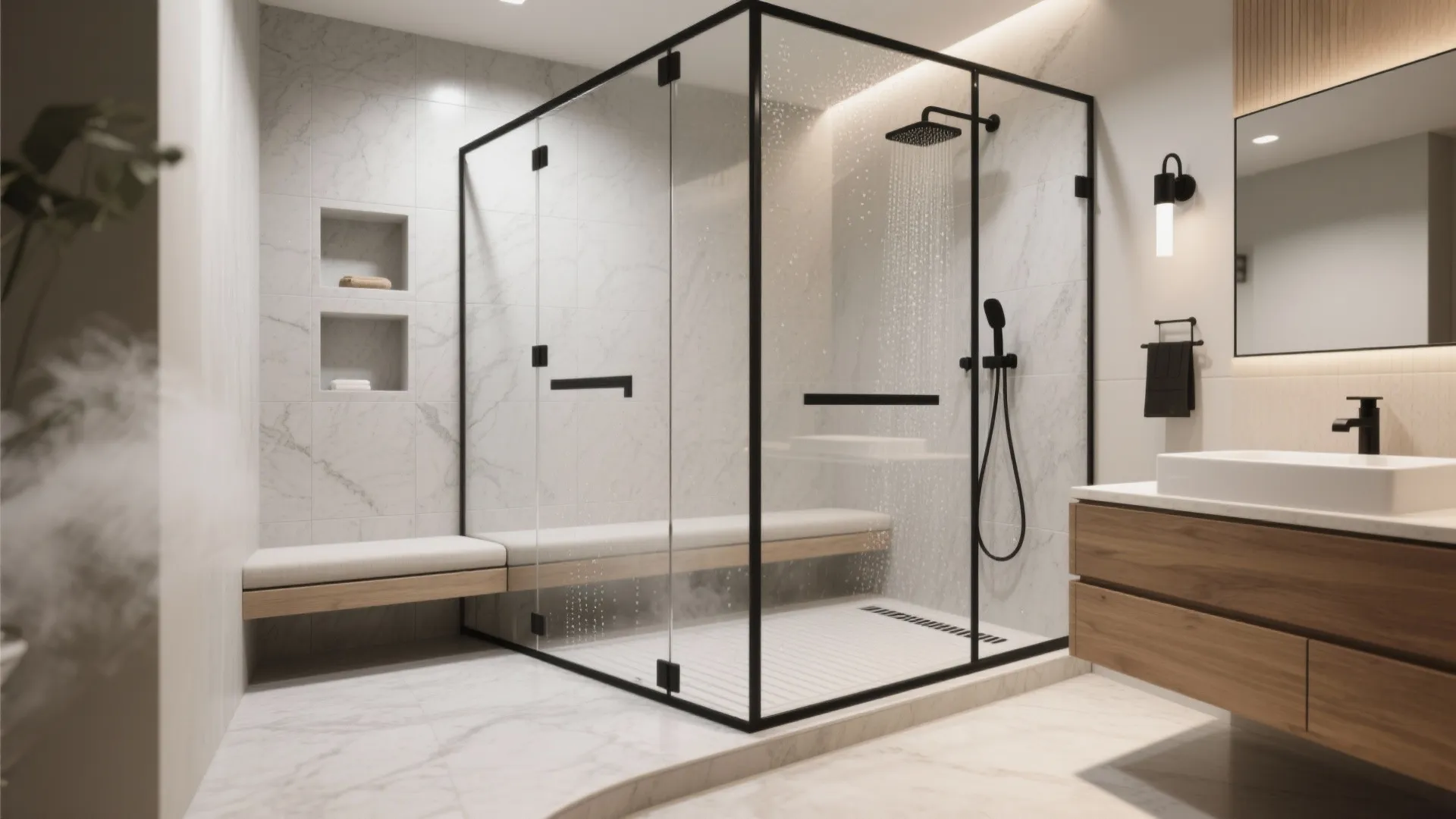 2) Spa shower with practical niches (skip the oversized tub)