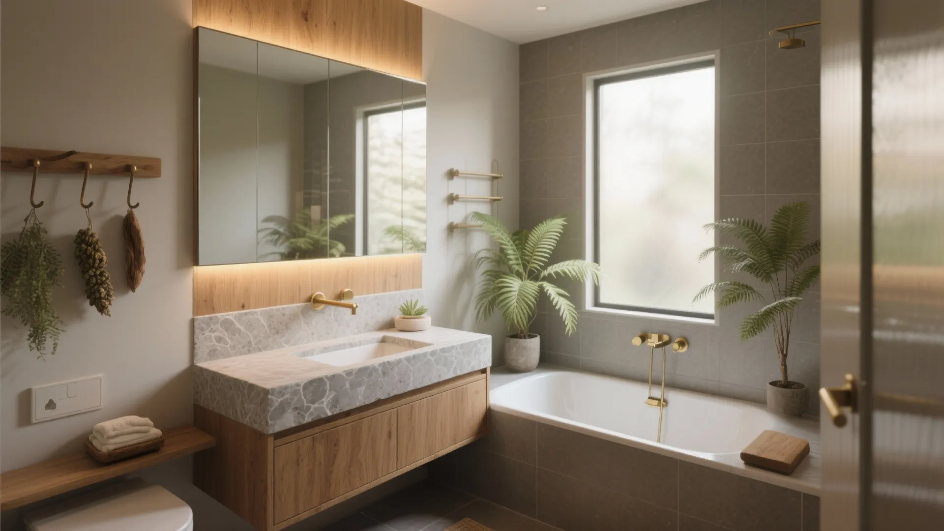 Modern bathroom with marble sink wooden cabinet white bathtub green plants and warm wall light fixtures