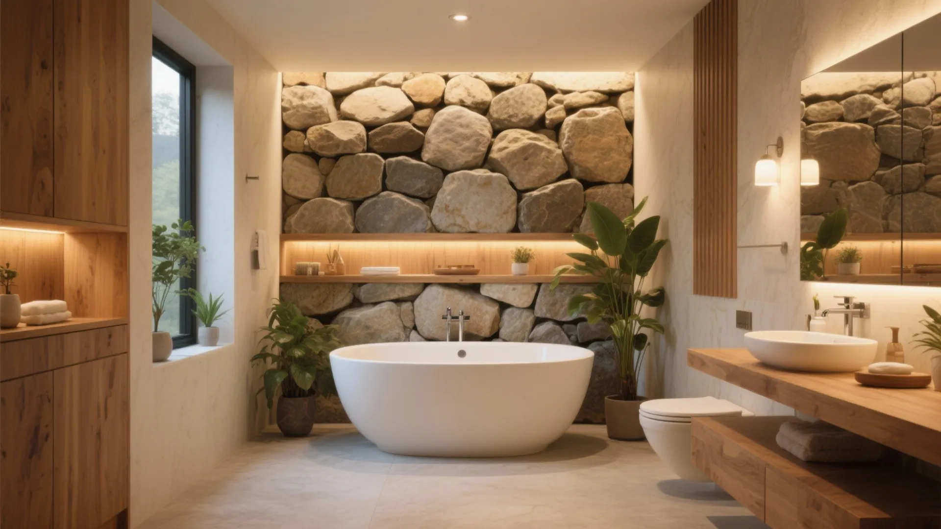 Outdoor-Inspired Bathroom Stone Wall