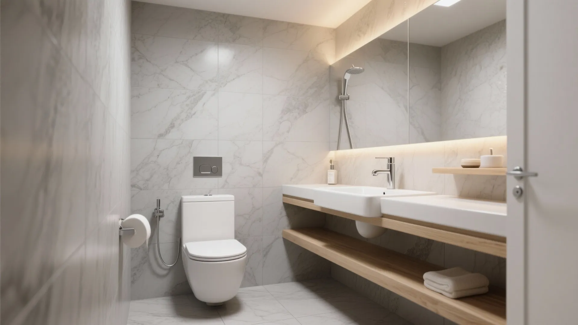 Modern bathroom with marble walls white toilet wooden shelves large mirror and double sink vanity