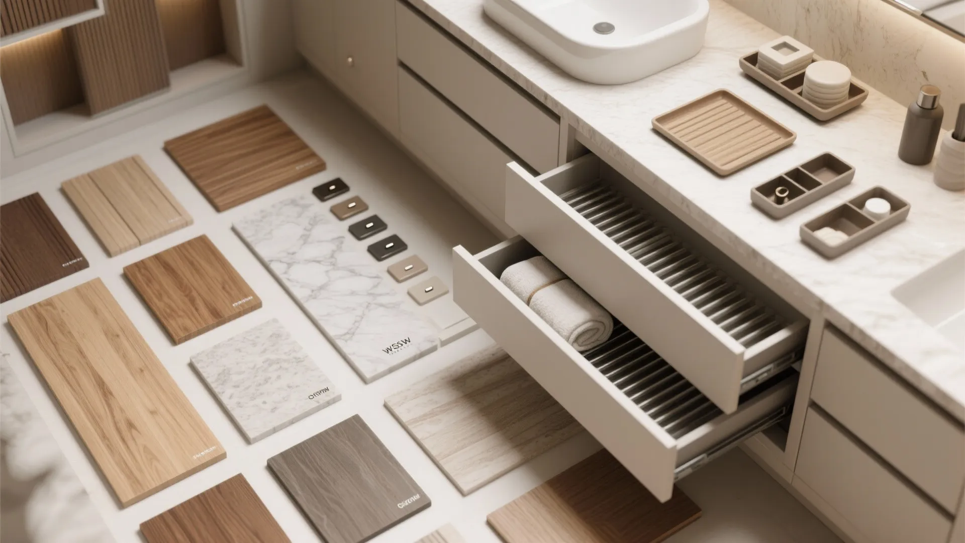 Modern bathroom vanity with open drawers showing towels beside various wood and marble material tiles