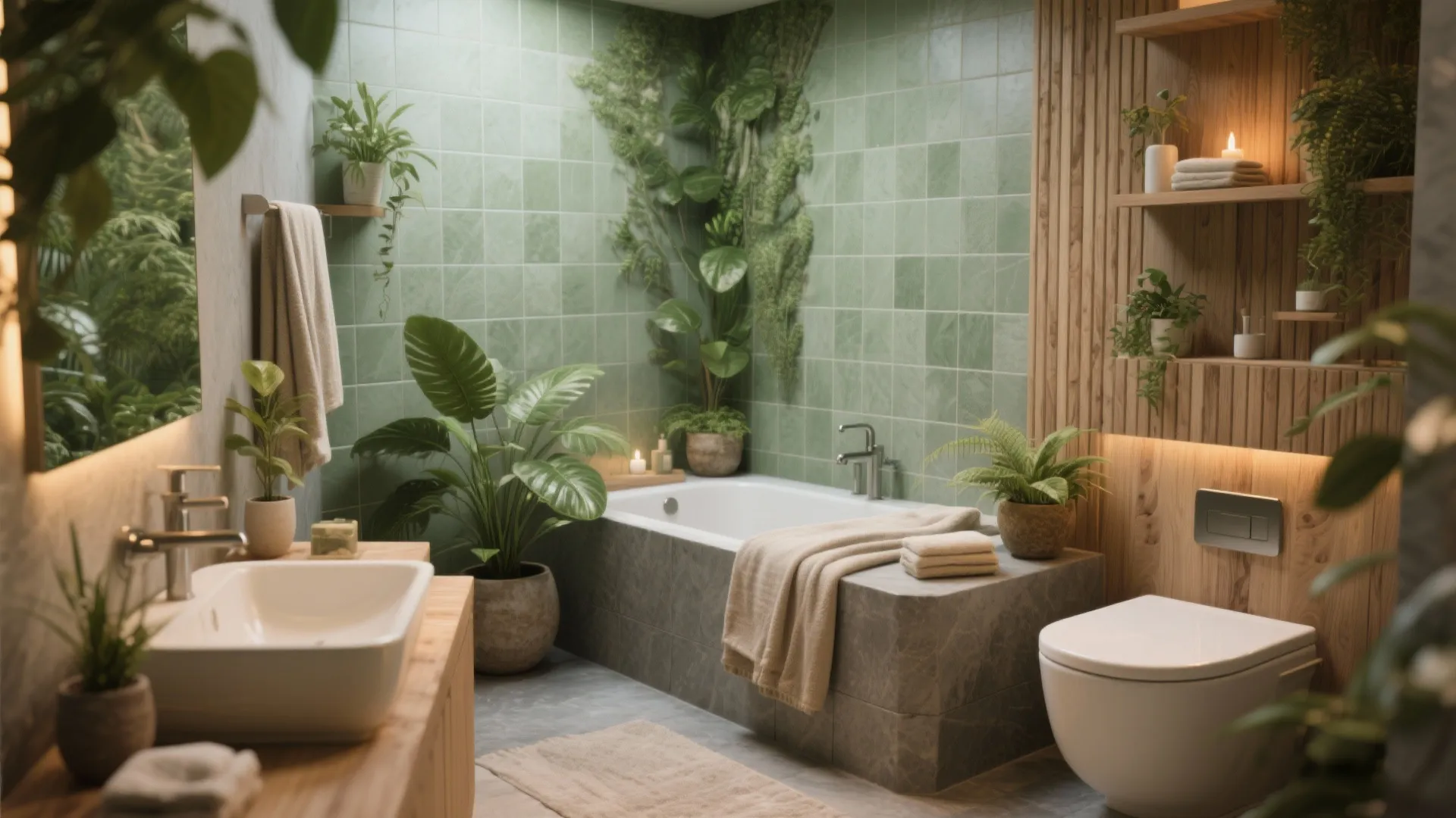 Green tiled bathroom with many indoor plants wooden wall panels white bathtub sink and toilet