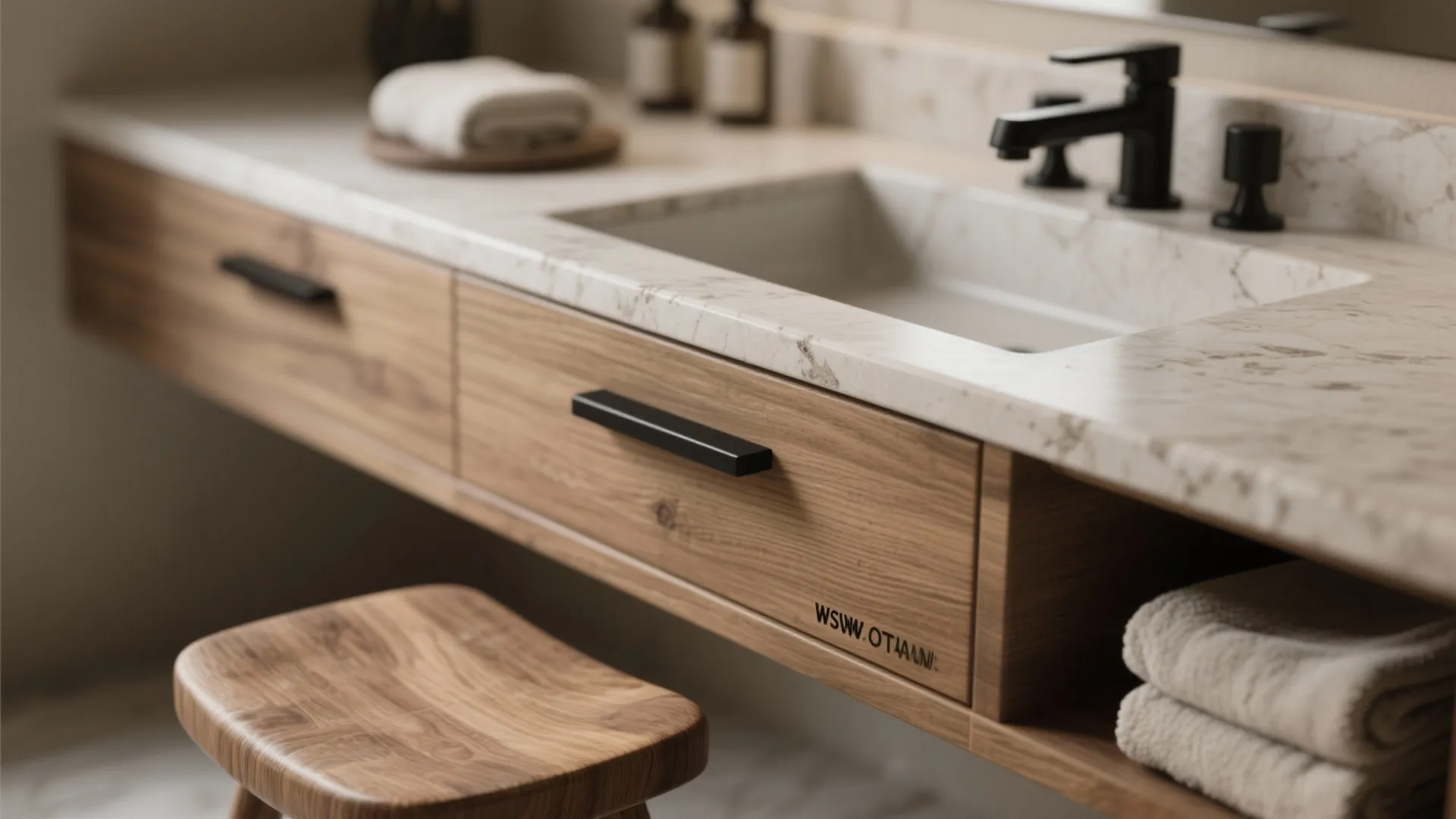 Modern bathroom cabinet with wood drawers white stone sink black faucet and small wooden stool
