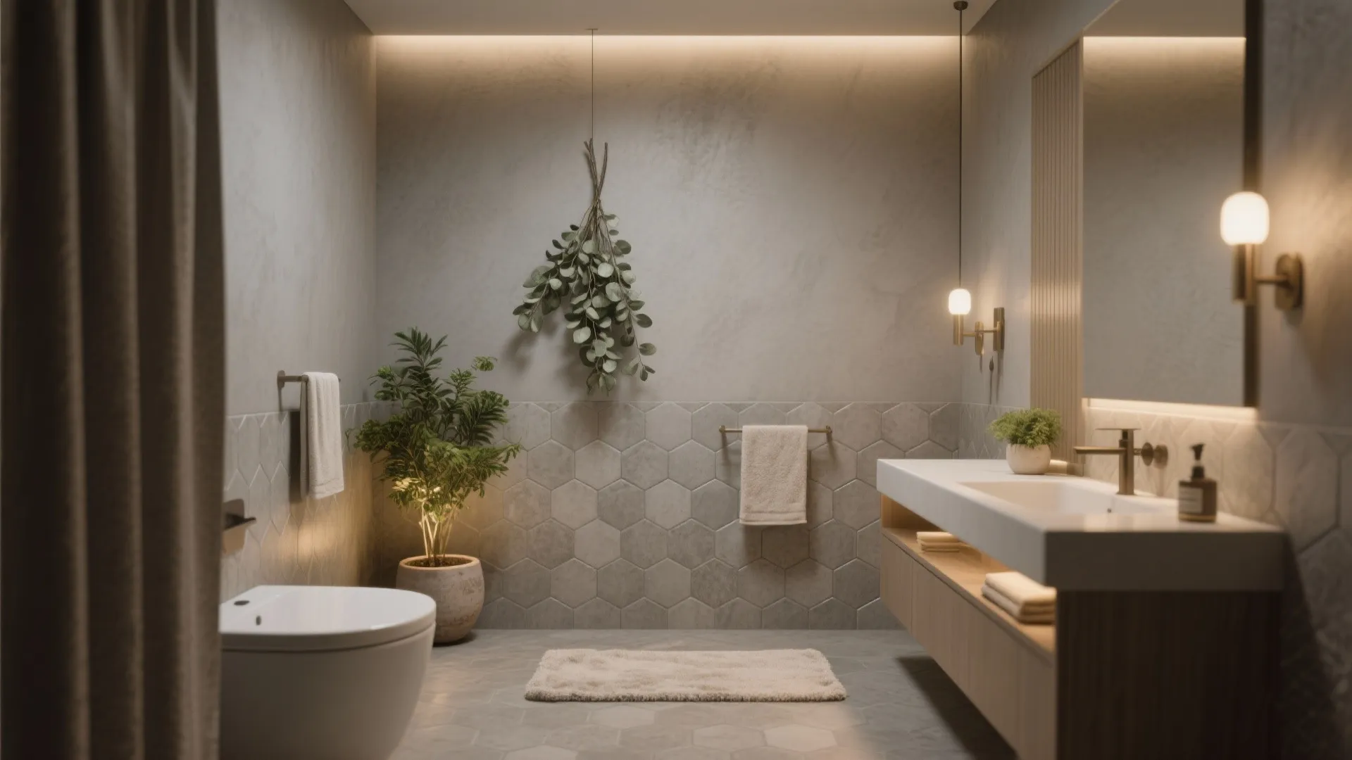 Modern bathroom with hexagon wall tiles white toilet wooden cabinet wall light and hanging green plant