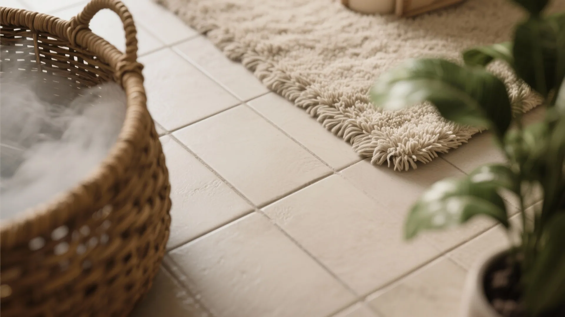 Close up of beige floor tiles with a woven basket fluffy rug and green plant