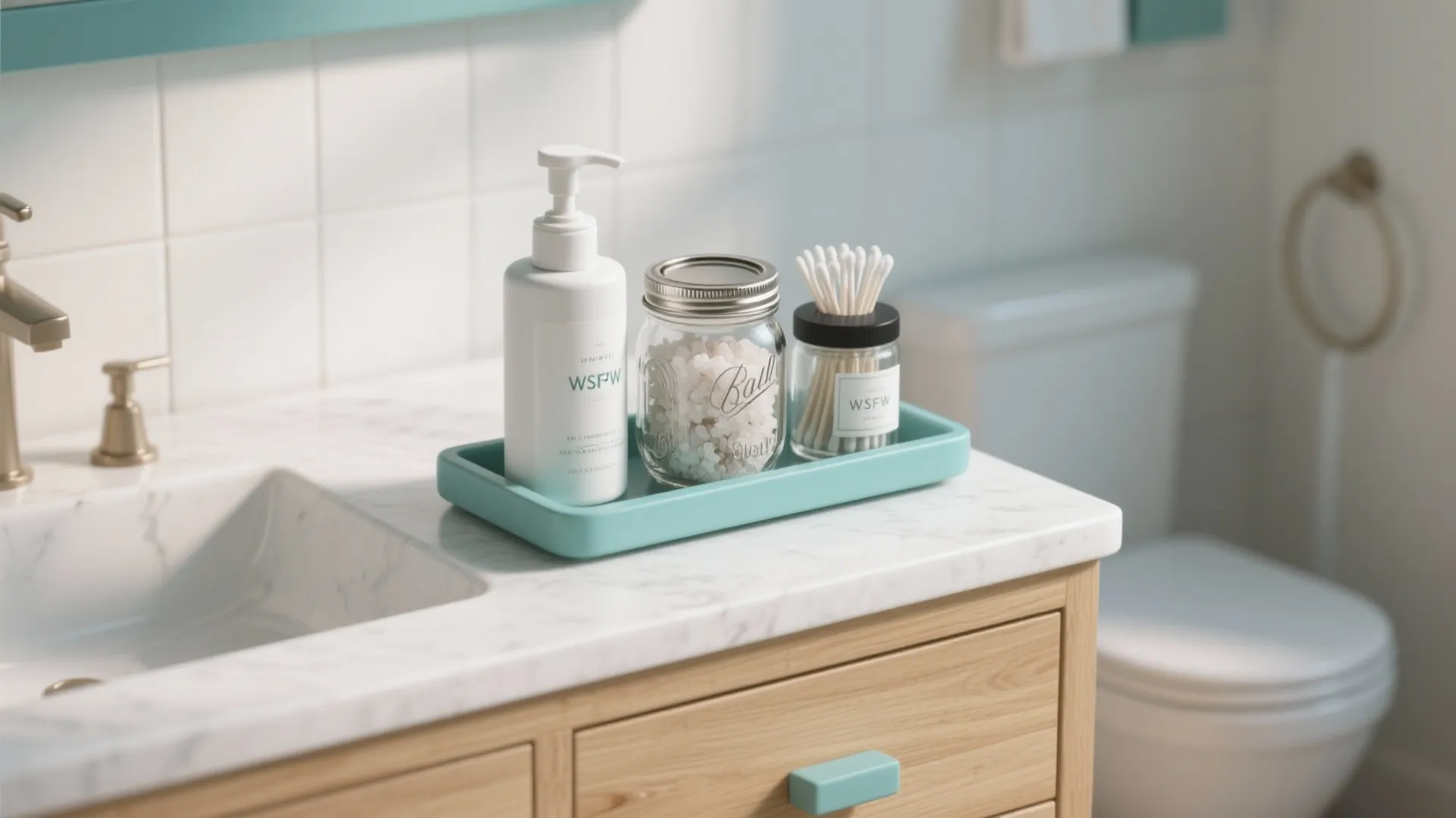 Blue tray holding soap dispenser and glass jars on marble countertop in a clean bathroom setting