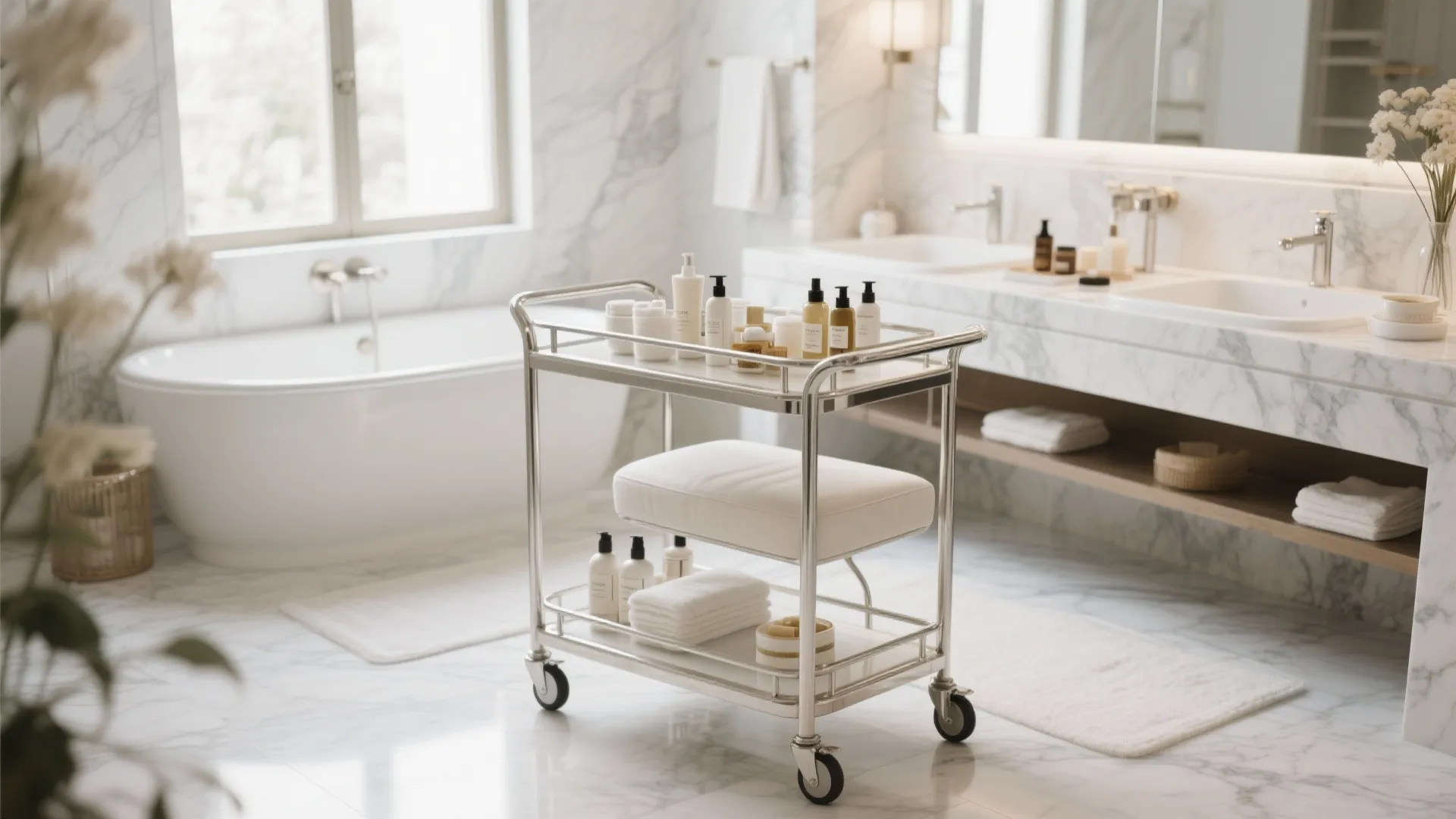 White bathroom with a metal rolling cart holding skincare products and a soft white seat