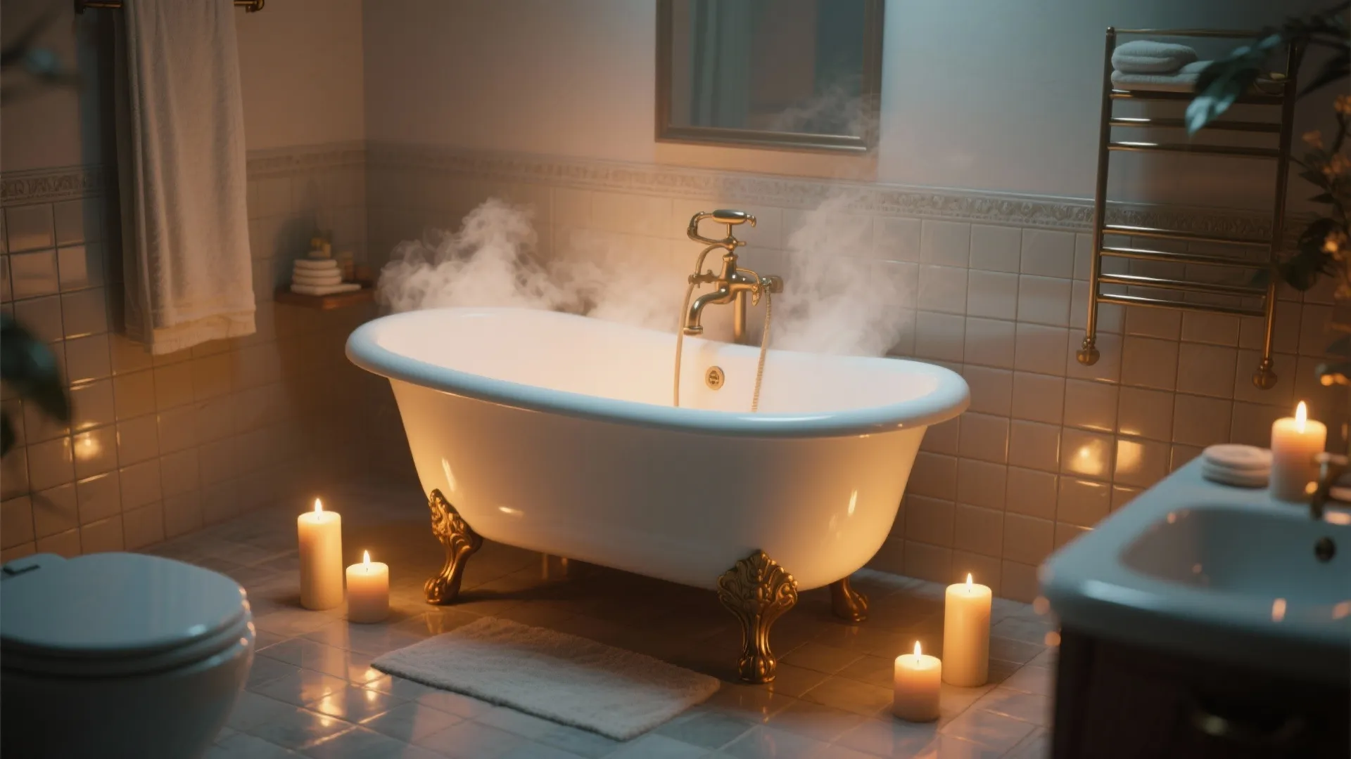 Clawfoot tub surrounded by lit candles for spa feel