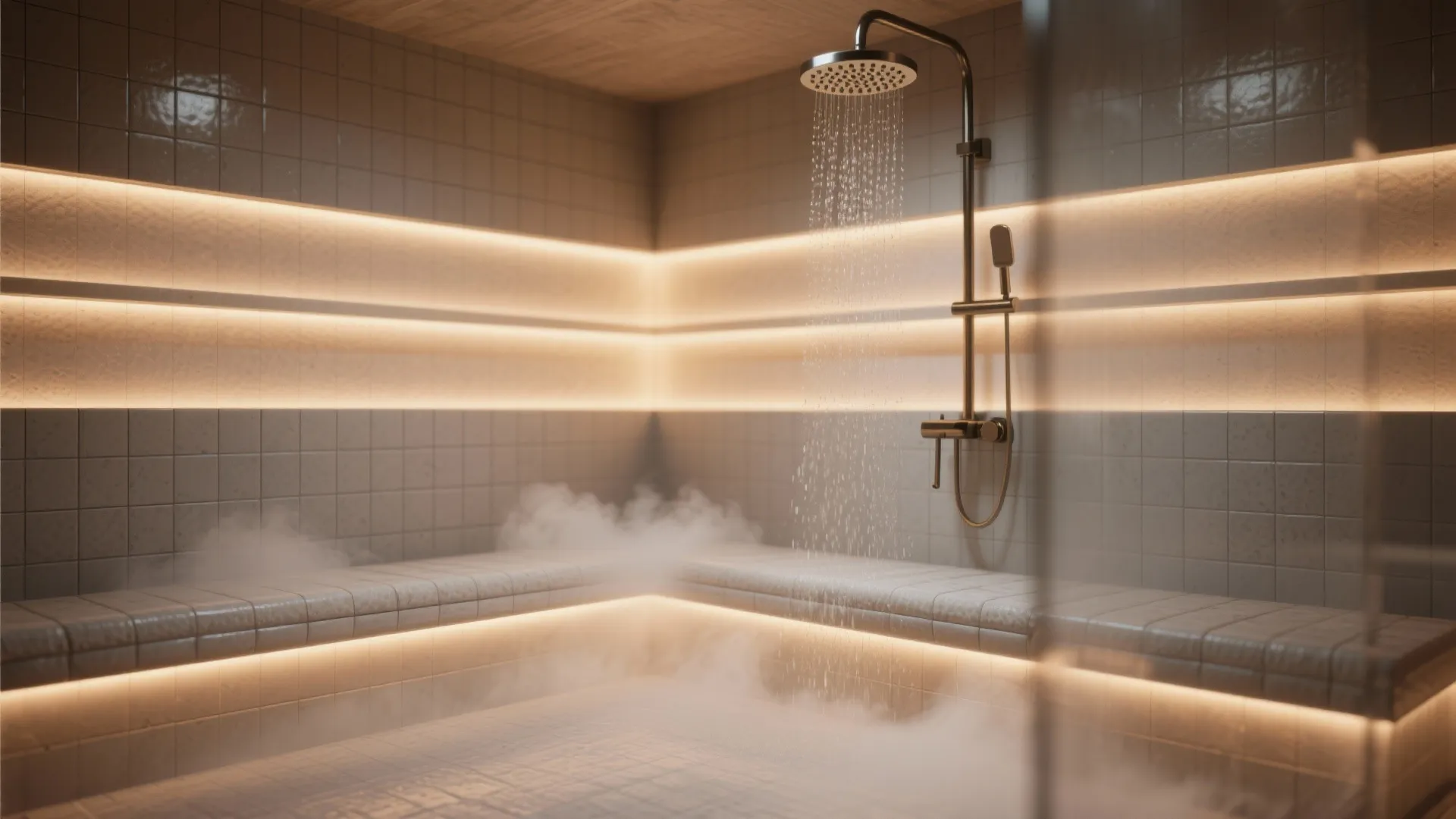 4. Spa vibe on a budget: steam, bench, and mood lighting