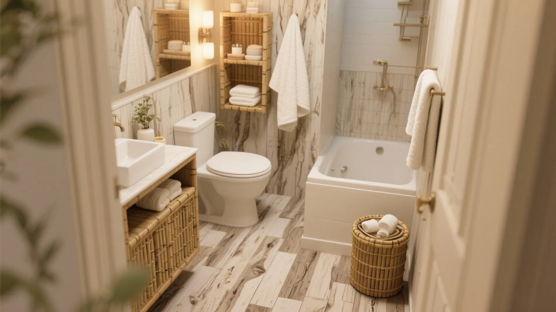 Warm bathroom design with bamboo storage cabinets marble walls wood floor white bathtub and toilet