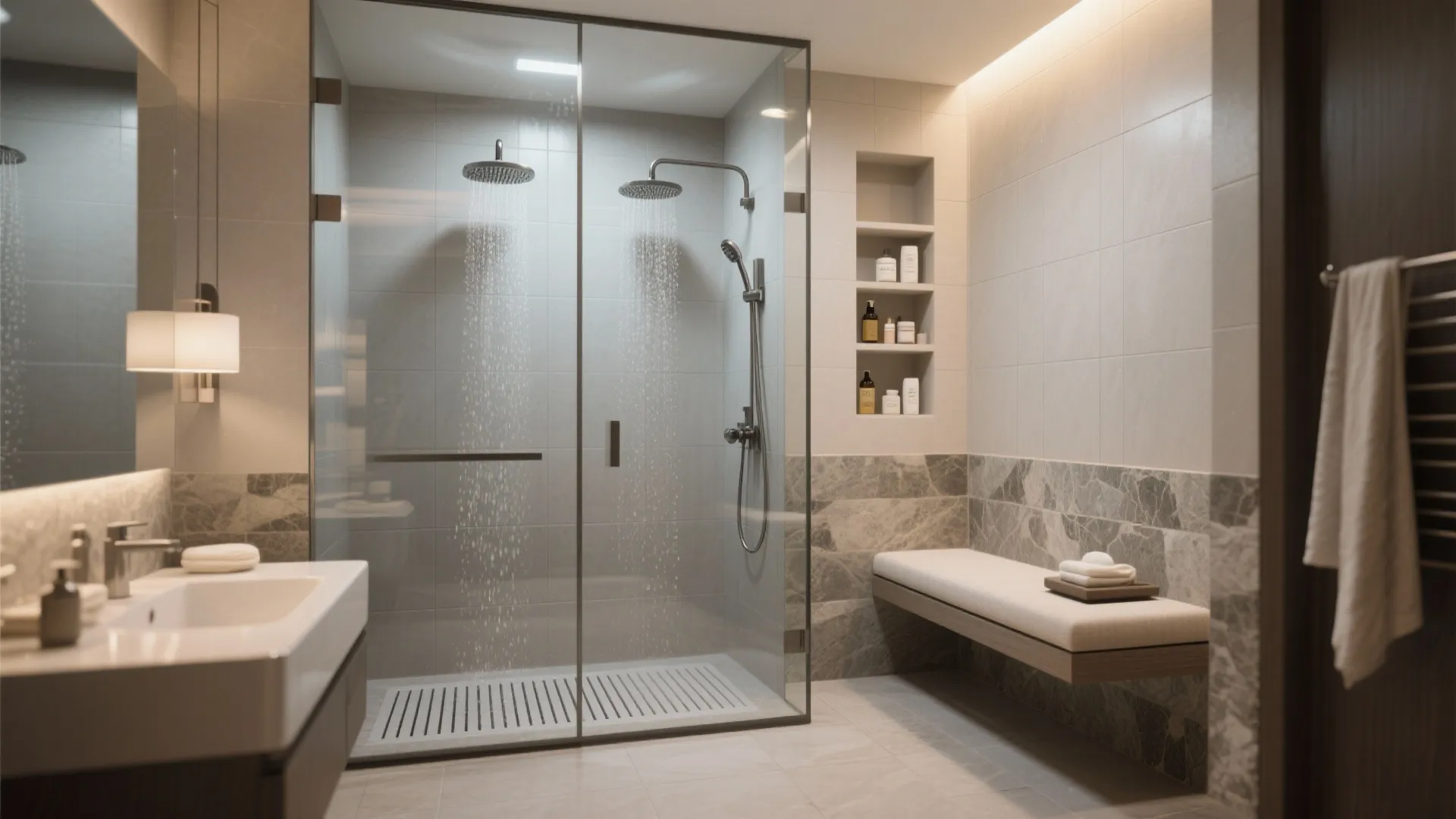 Luxury walk-in shower with glass doors double shower heads wall light sink and sitting bench