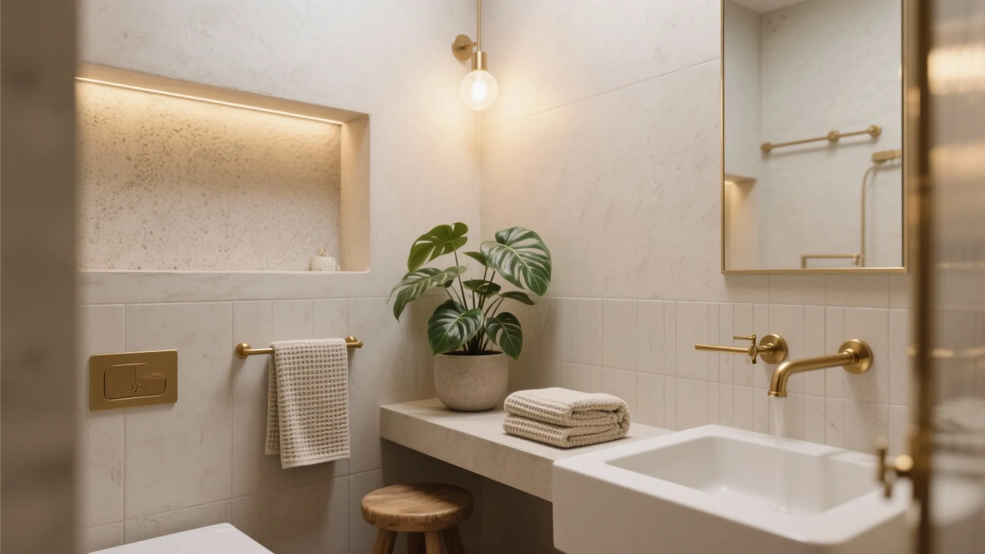 Pocket-friendly spa feel: warm metals, microcement accents, and plants