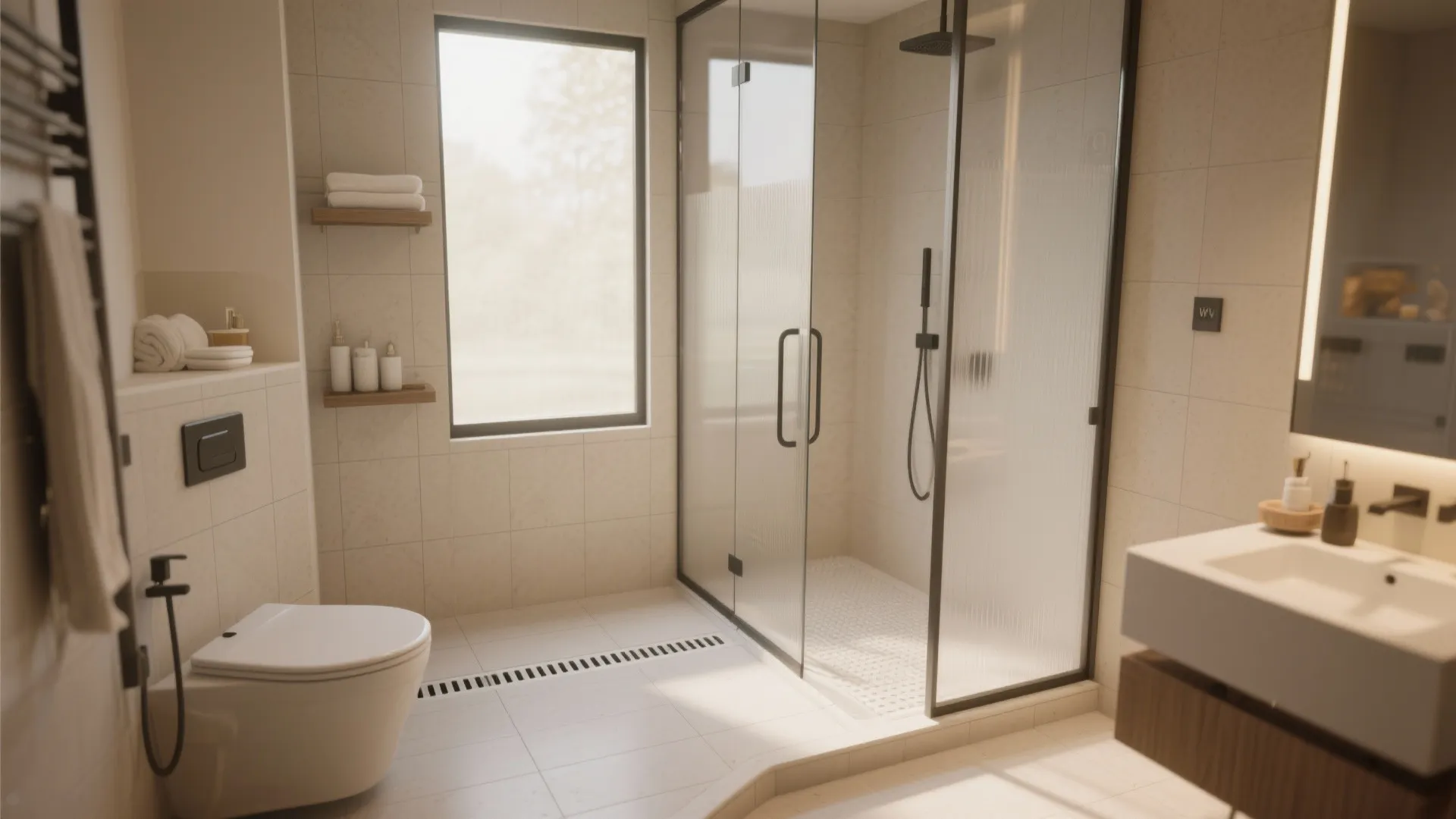 Modern bathroom featuring a glass shower room white toilet wall cabinet and natural window light