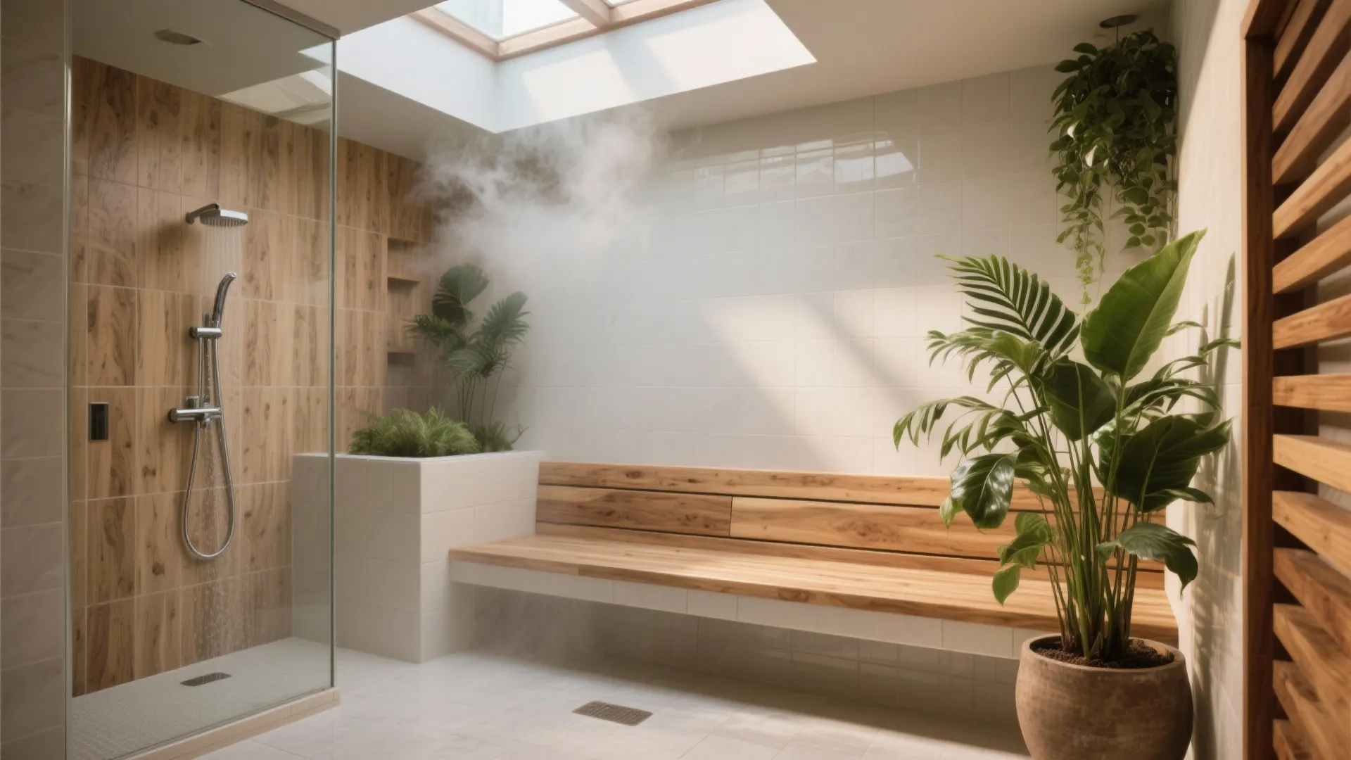 3. Natural spa vibe with wood-look and plants