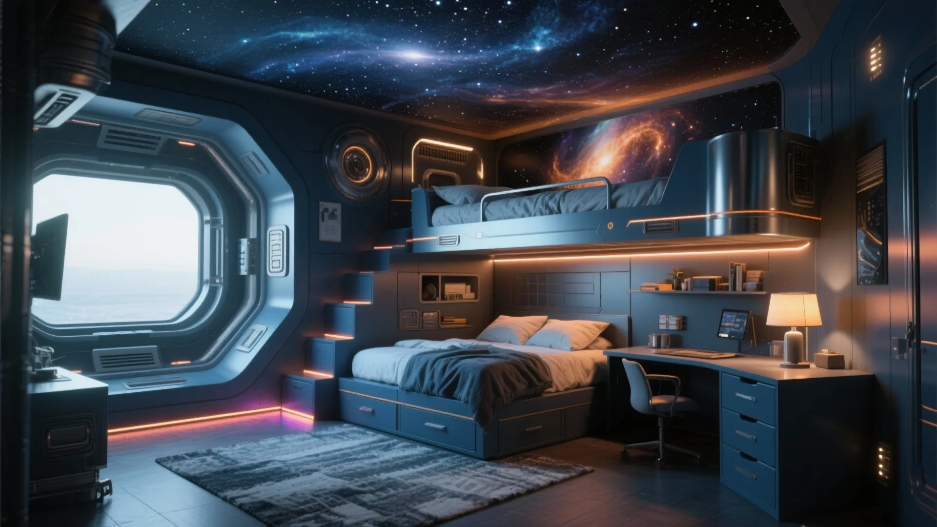 Futuristic blue bedroom featuring bunk beds a galaxy ceiling and a desk with a lamp
