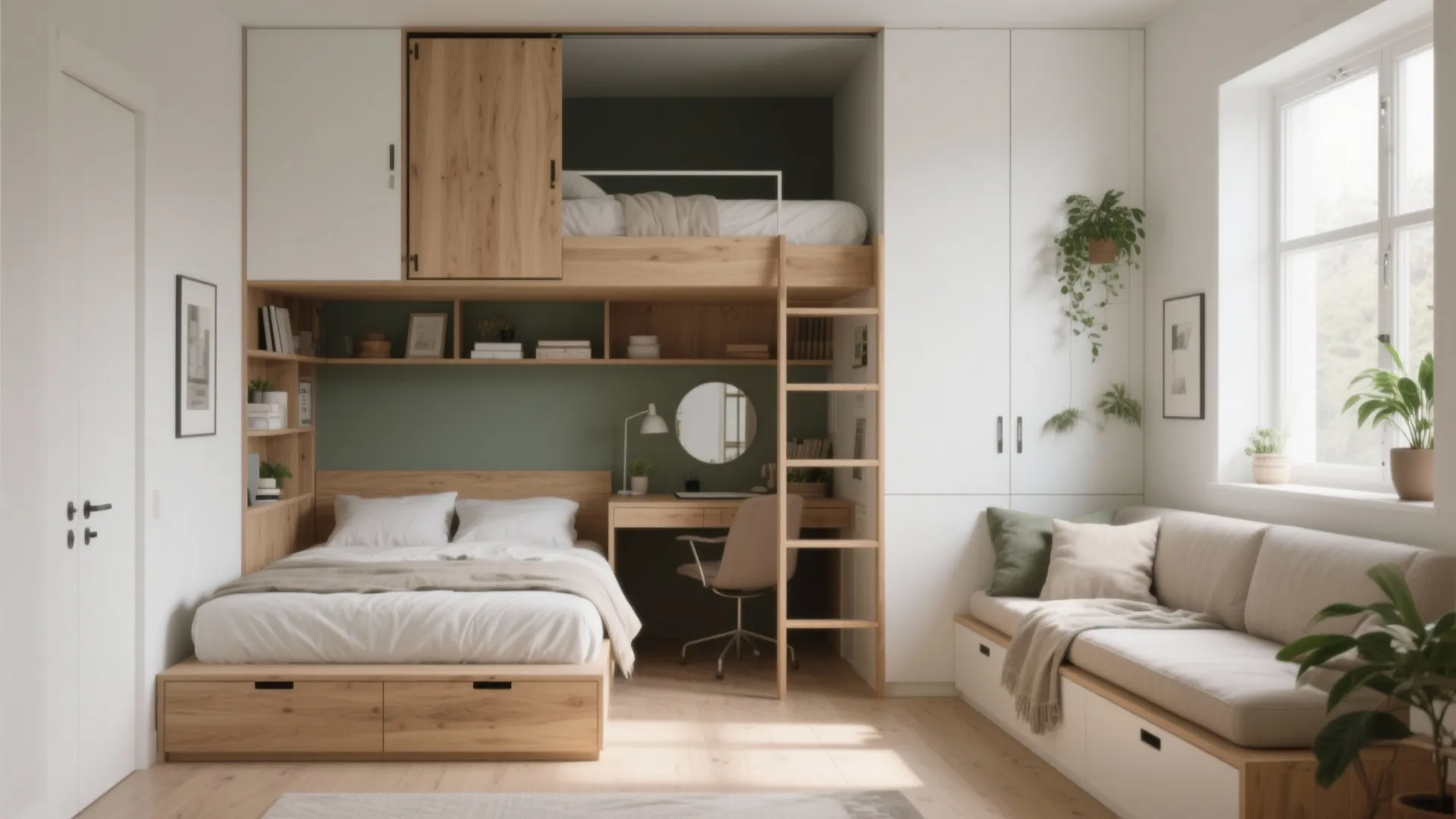 Compact bedroom featuring loft bed over desk and wooden bed with integrated smart storage solutions