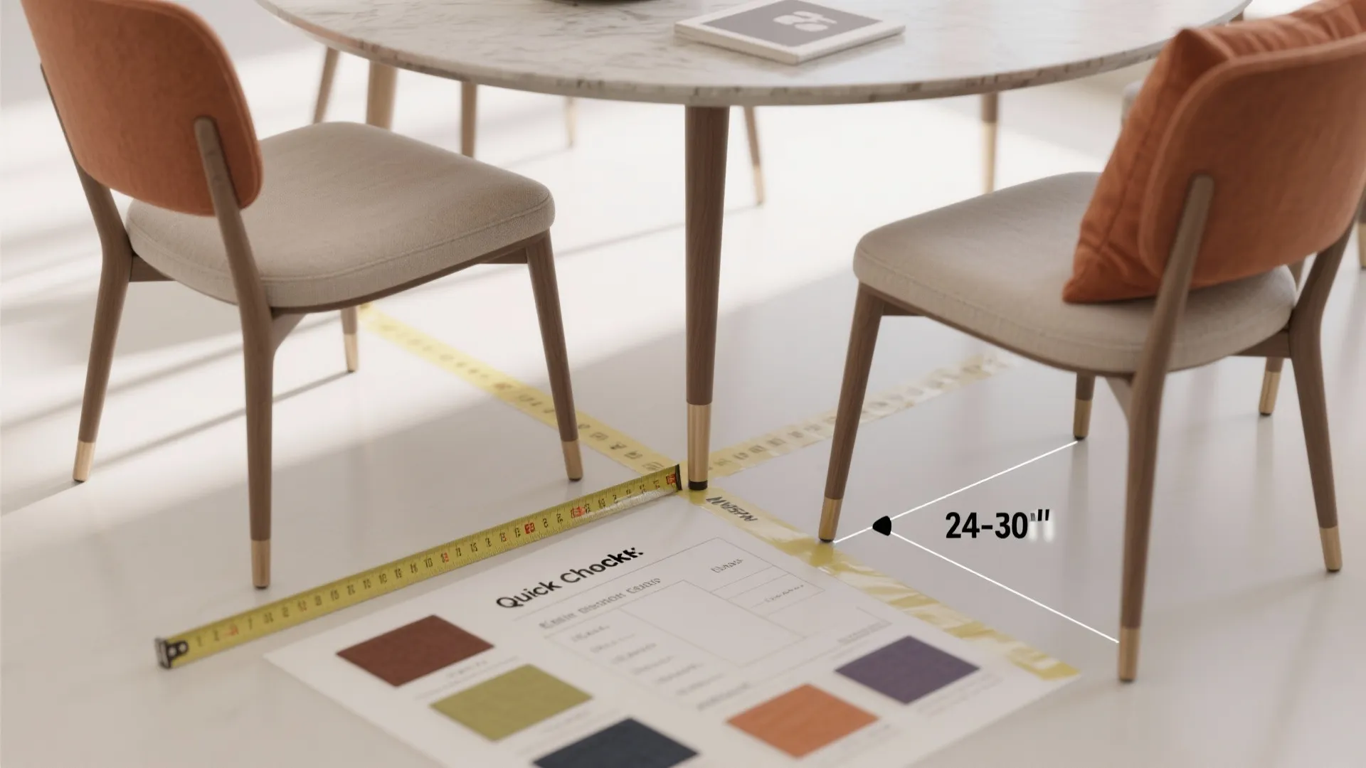 Top-down mockup with painter's tape, measuring tape and cushion swatches illustrating clearance and scale tips for small chairs.