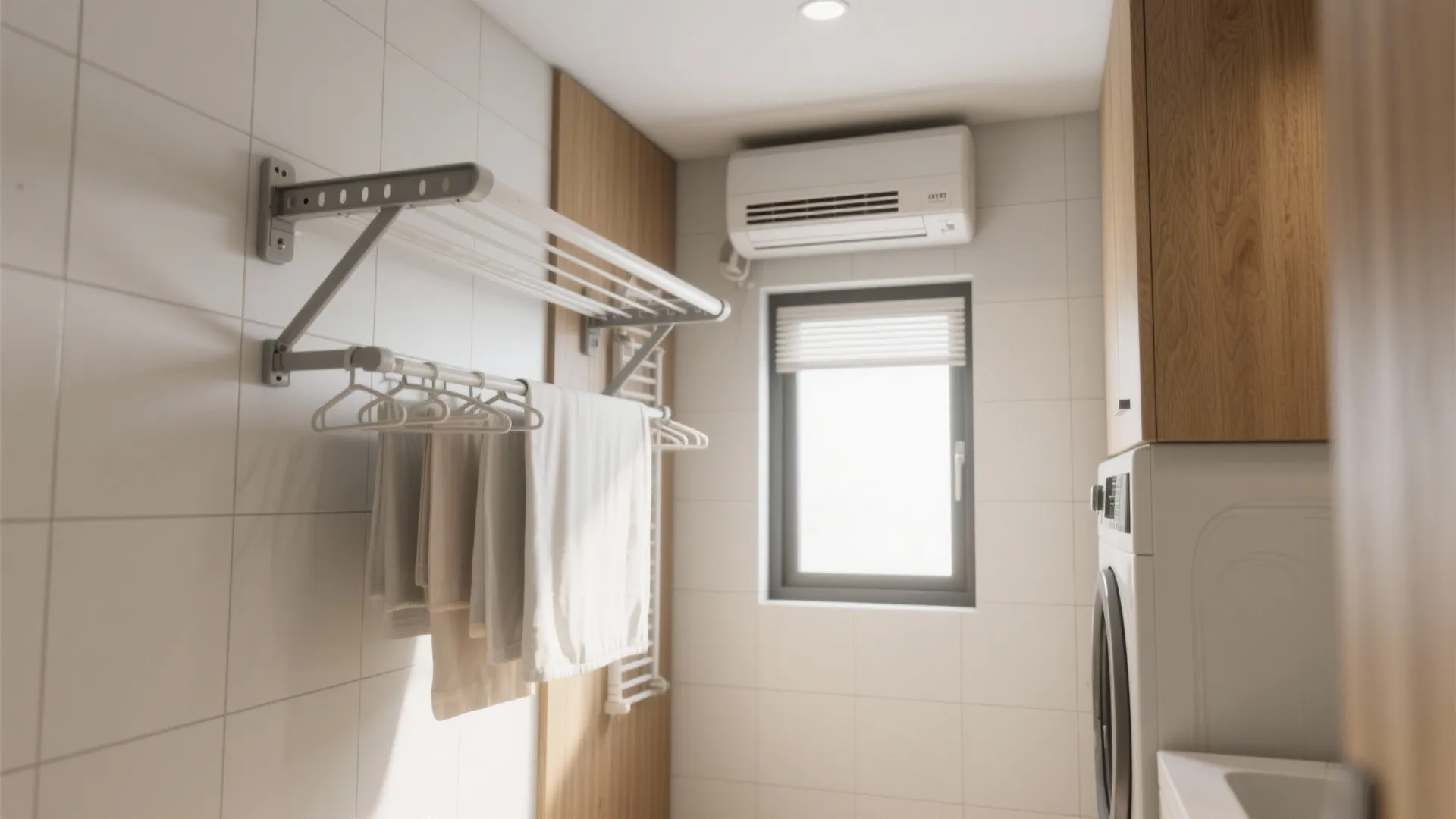 Wall mounted drying rack with hanging towels in a laundry room with white tiles window