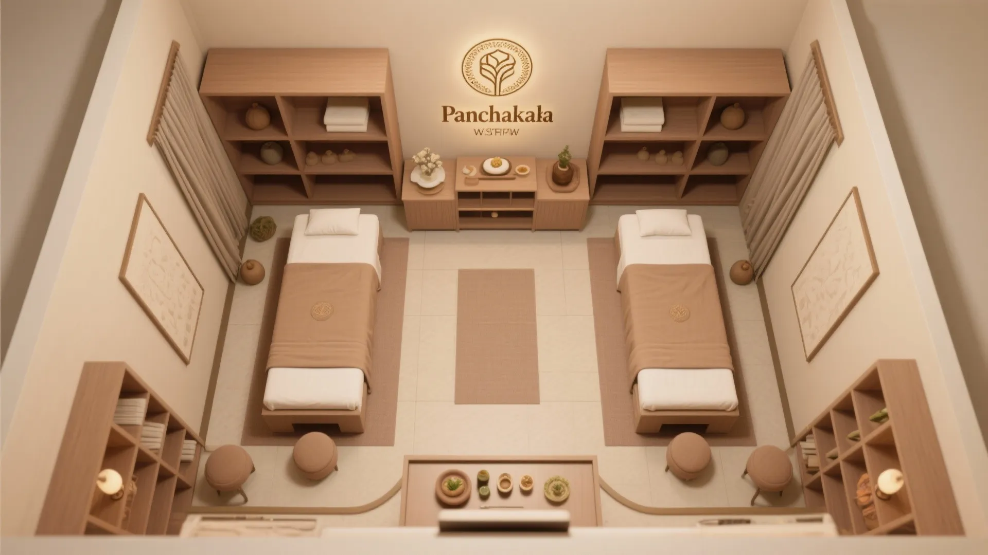 Top view of a spa room featuring two massage beds wooden cabinets beige walls and decor