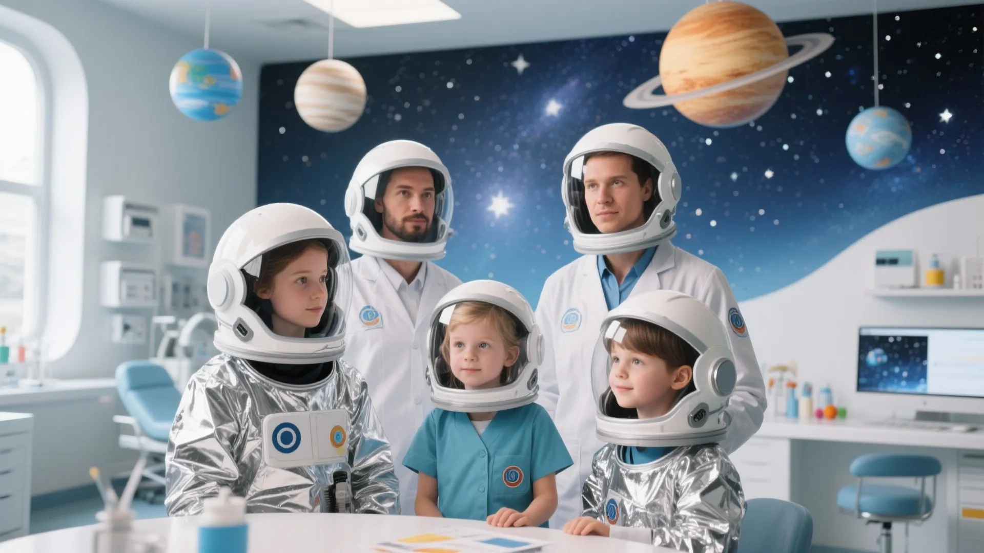 Children and adults wearing space helmets in a room with planet decorations and a blue wall