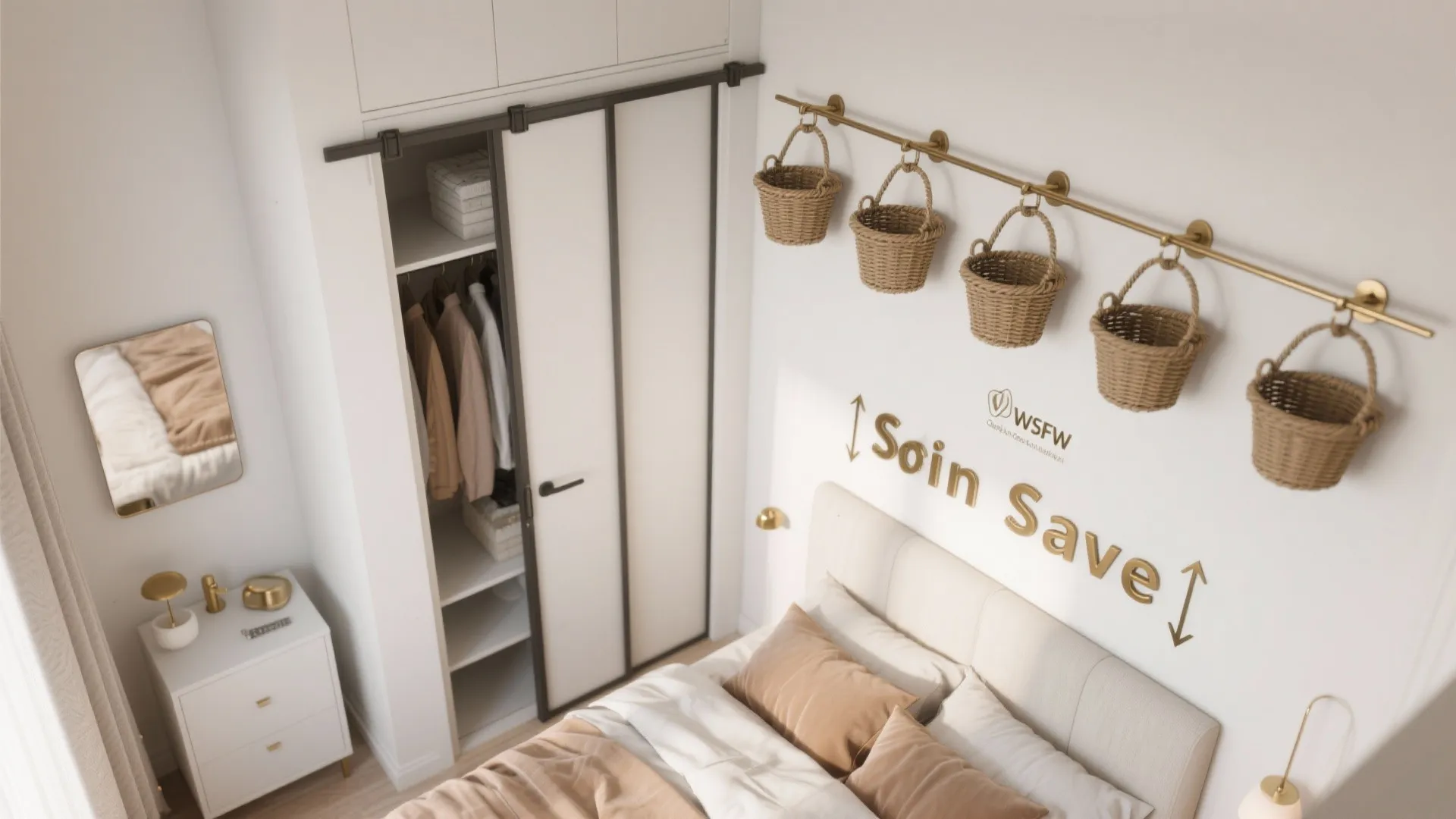 Small bedroom featuring hanging wall baskets for storage and a white sliding door closet design