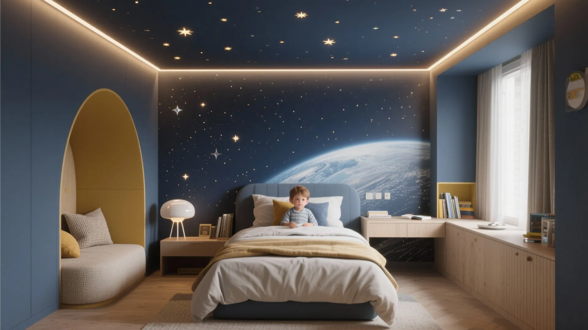 Space themed kids bedroom with planet wall mural starry ceiling yellow arch and wooden furniture