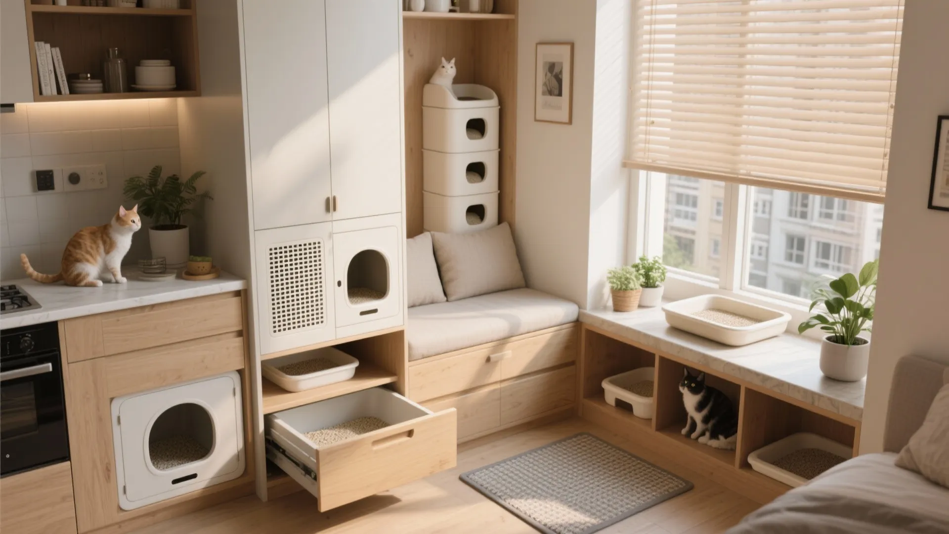 Modern kitchen with white cabinets featuring built in pet beds and wooden furniture for cats