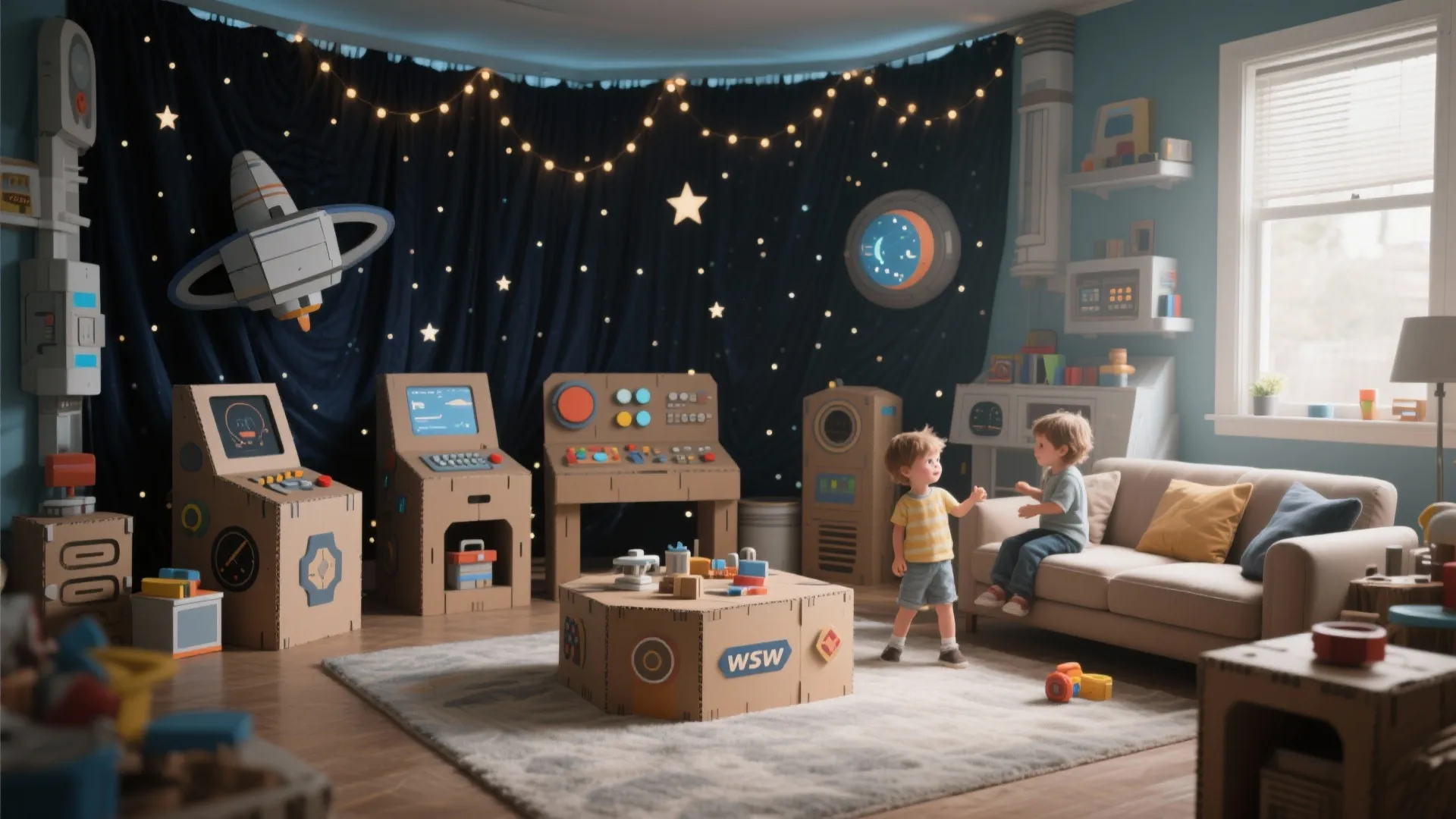 Living room transformed into a kids’ space station with star lights