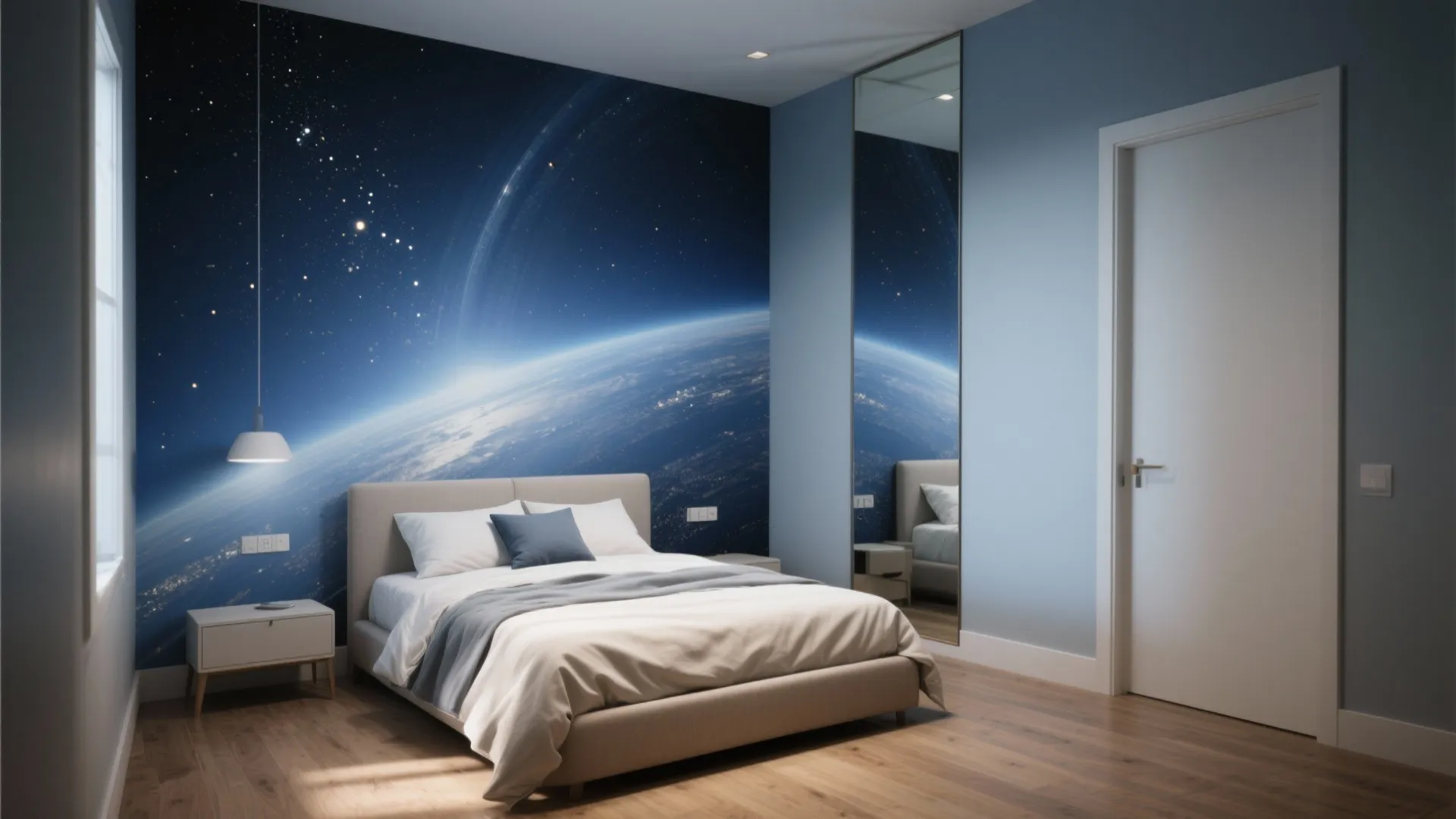 Modern bedroom with a large space mural of earth behind a bed and white door