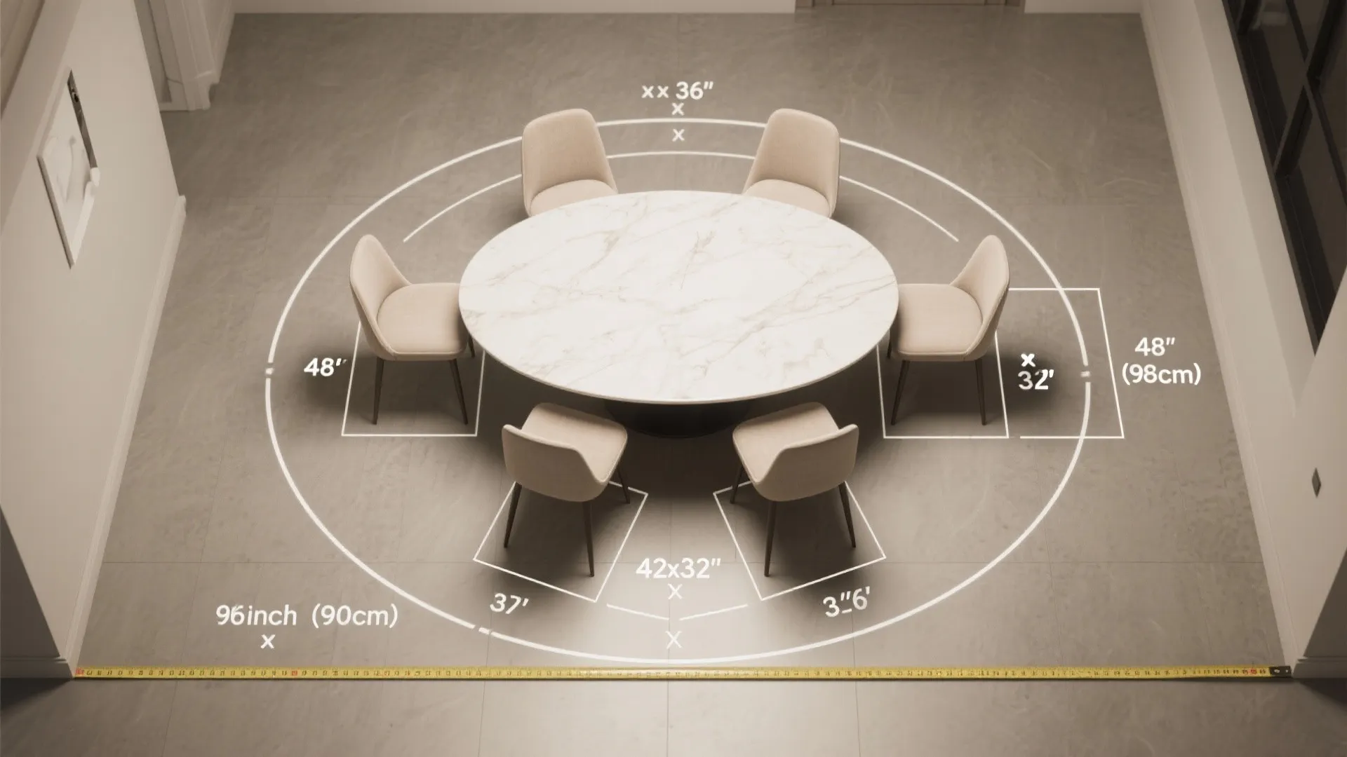 Top view of a round marble dining table with six chairs and white measurement line markings