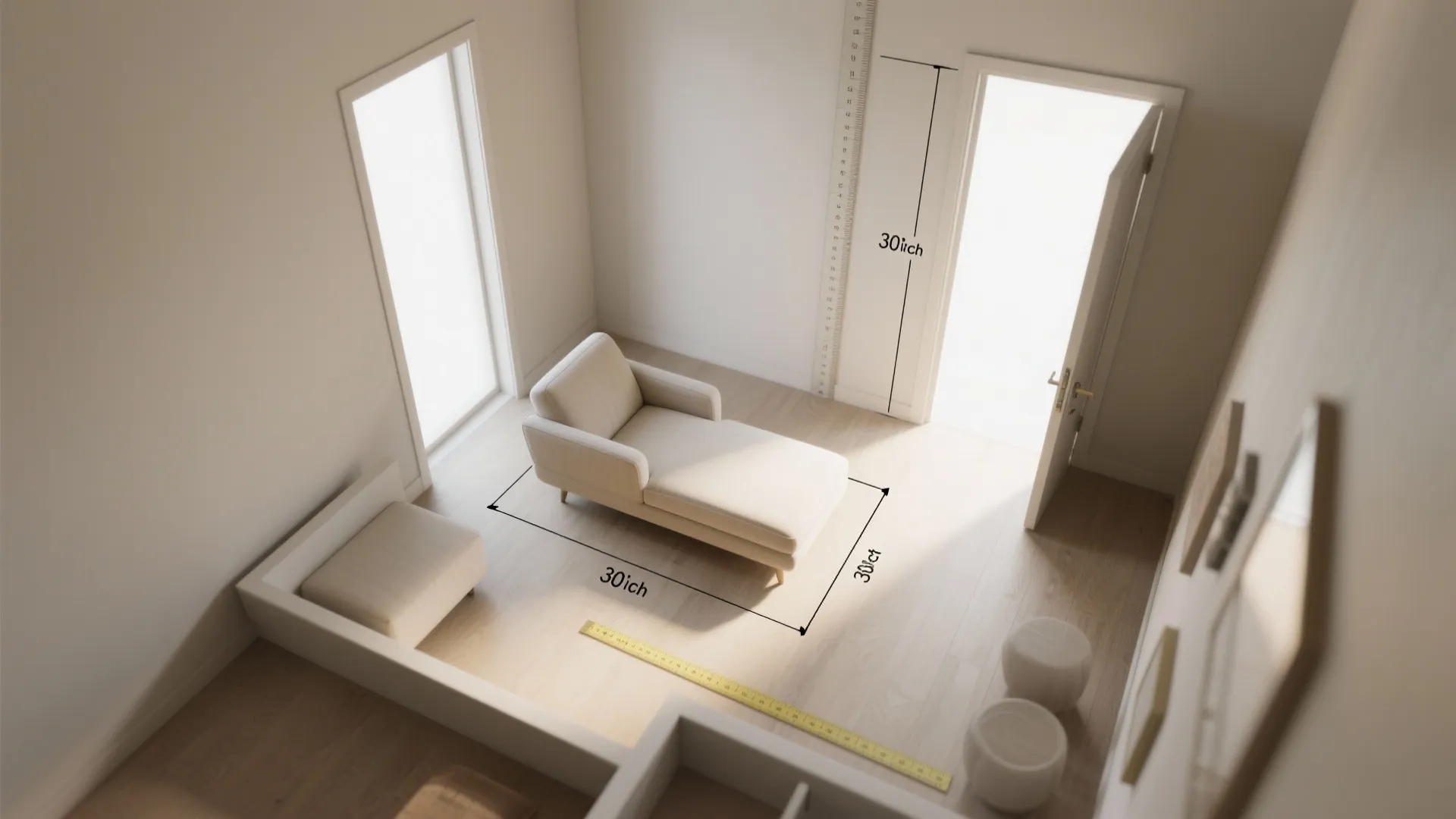 Interior design drawing showing top down room layout with sofa measurements windows and open door