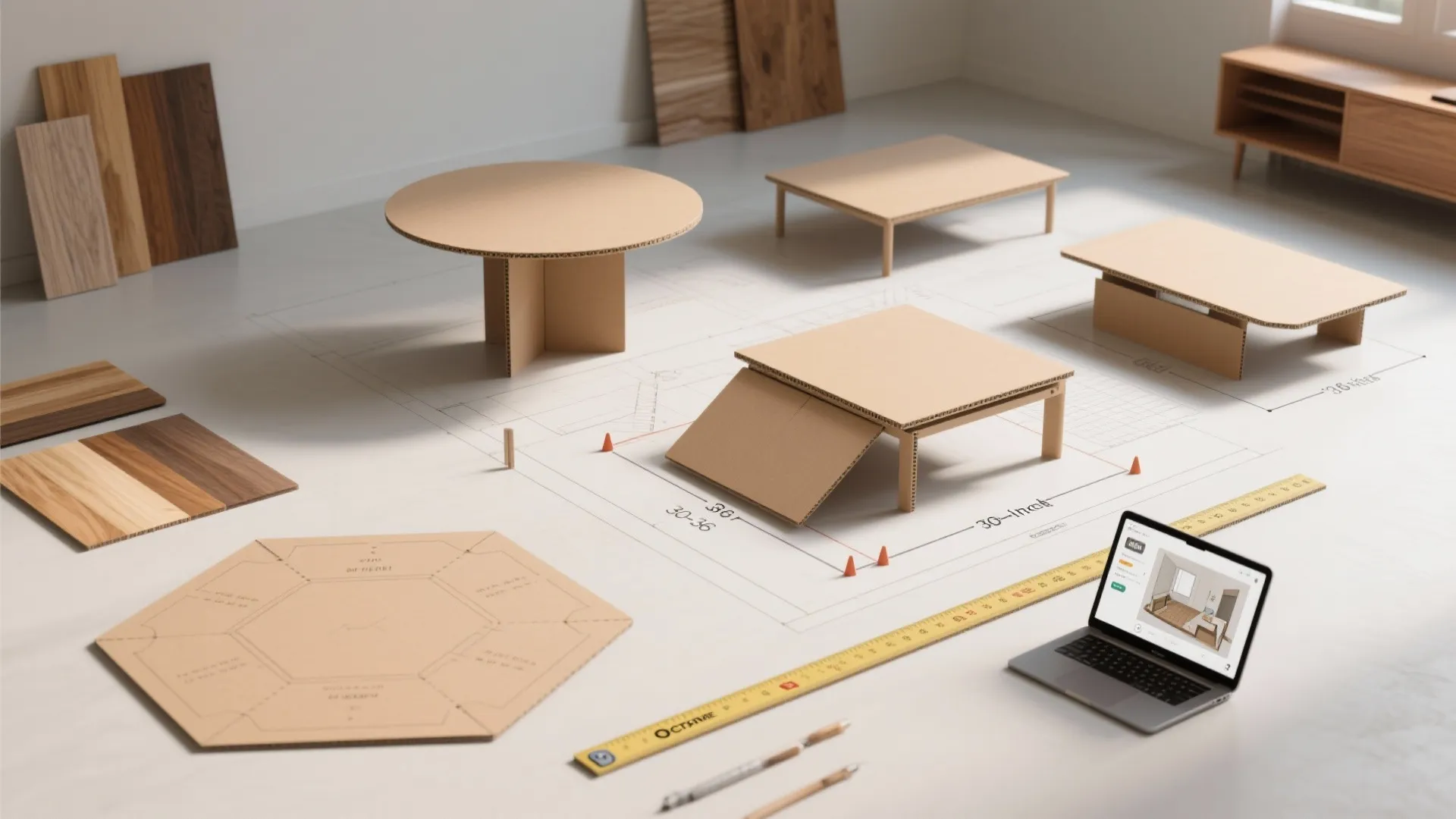 Cardboard furniture models placed on a floor plan layout with laptop and measuring ruler for planning