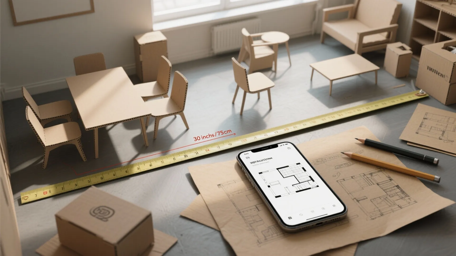 Cardboard furniture models next to a floor plan on phone and a yellow tape measure