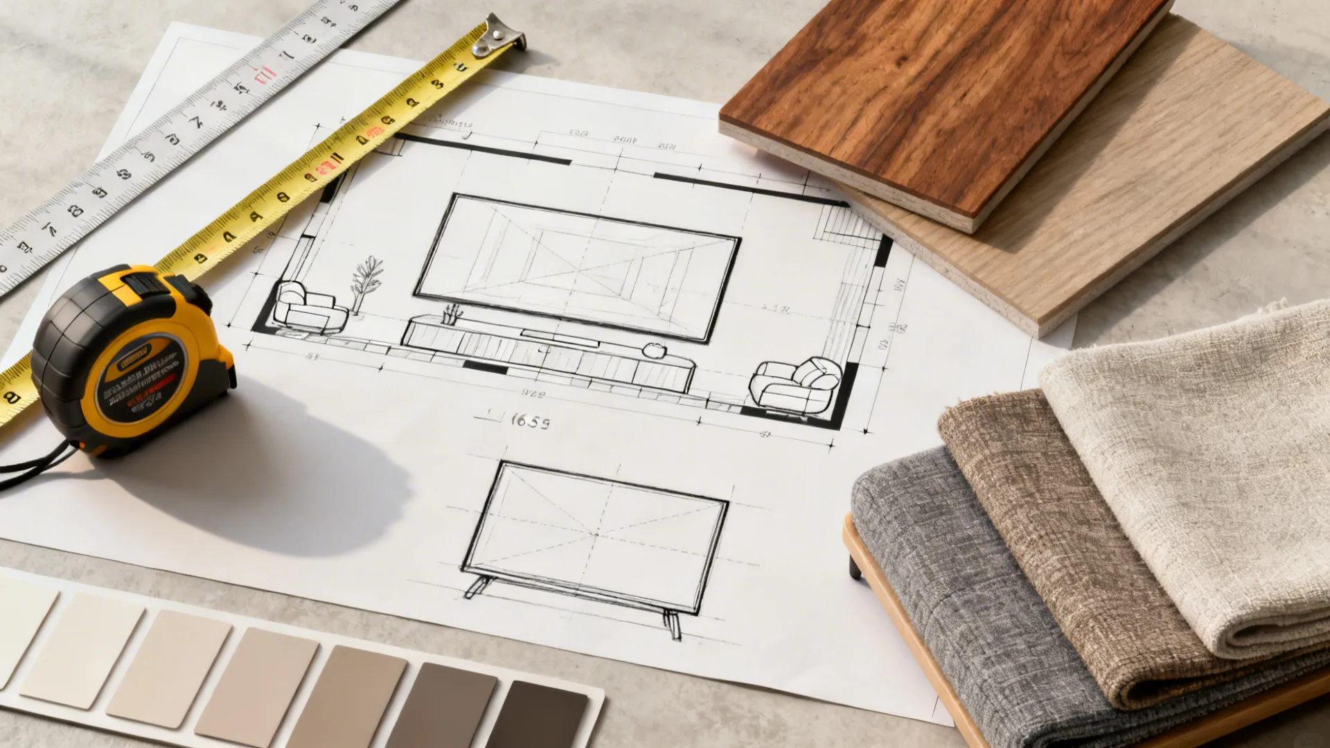 Flatlay of measuring tools, material samples and a floorplan for TV sightline planning