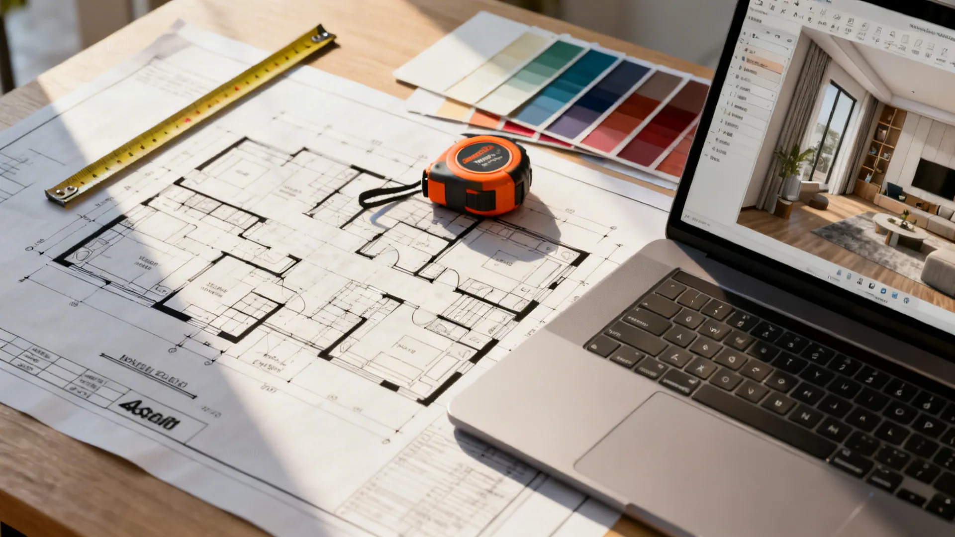 Designer desk with floor plan, tape measure and 3D planner on laptop for space planning