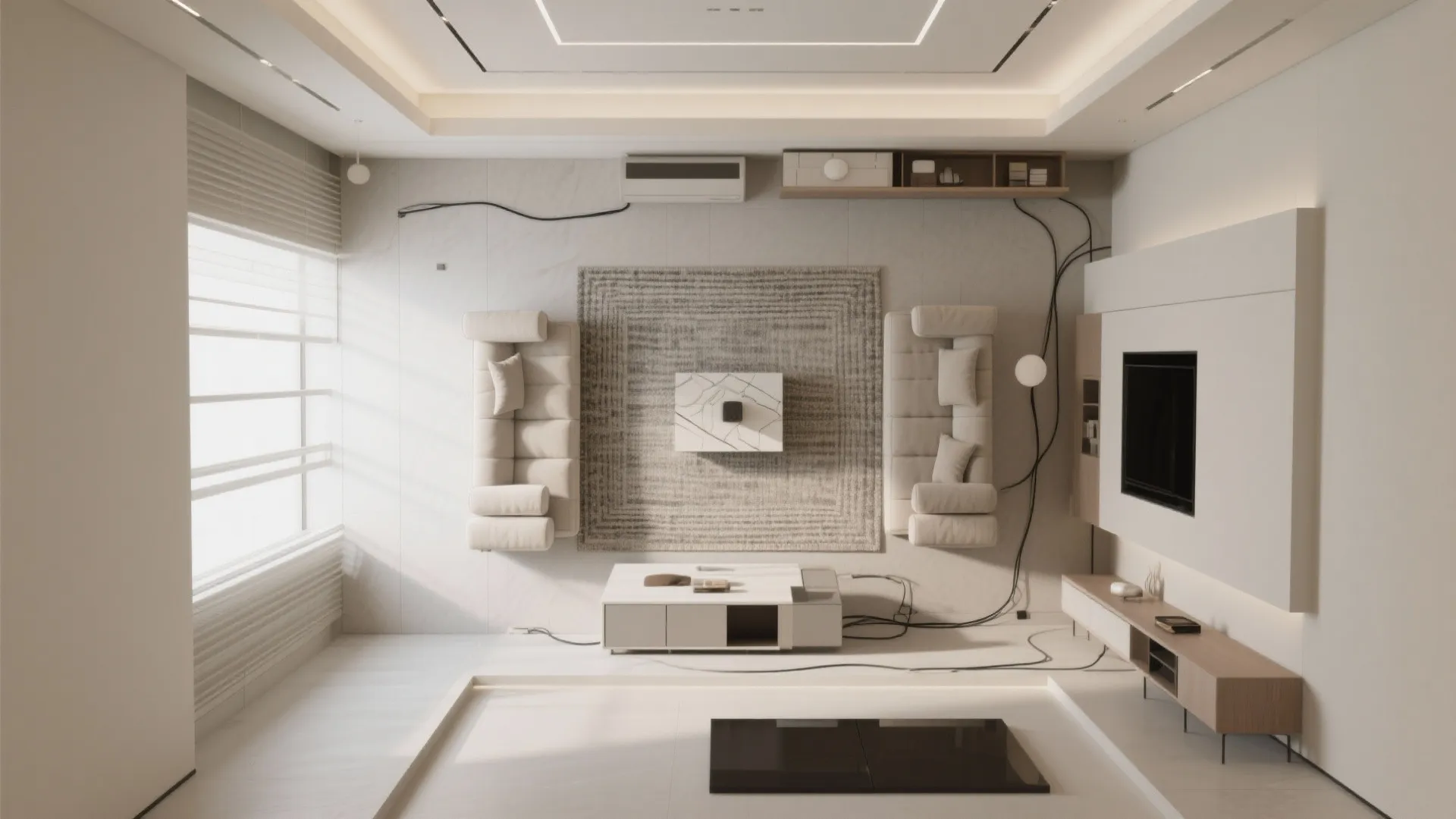 Top-down plan aligning square hall furniture with ceiling frames for balanced composition.