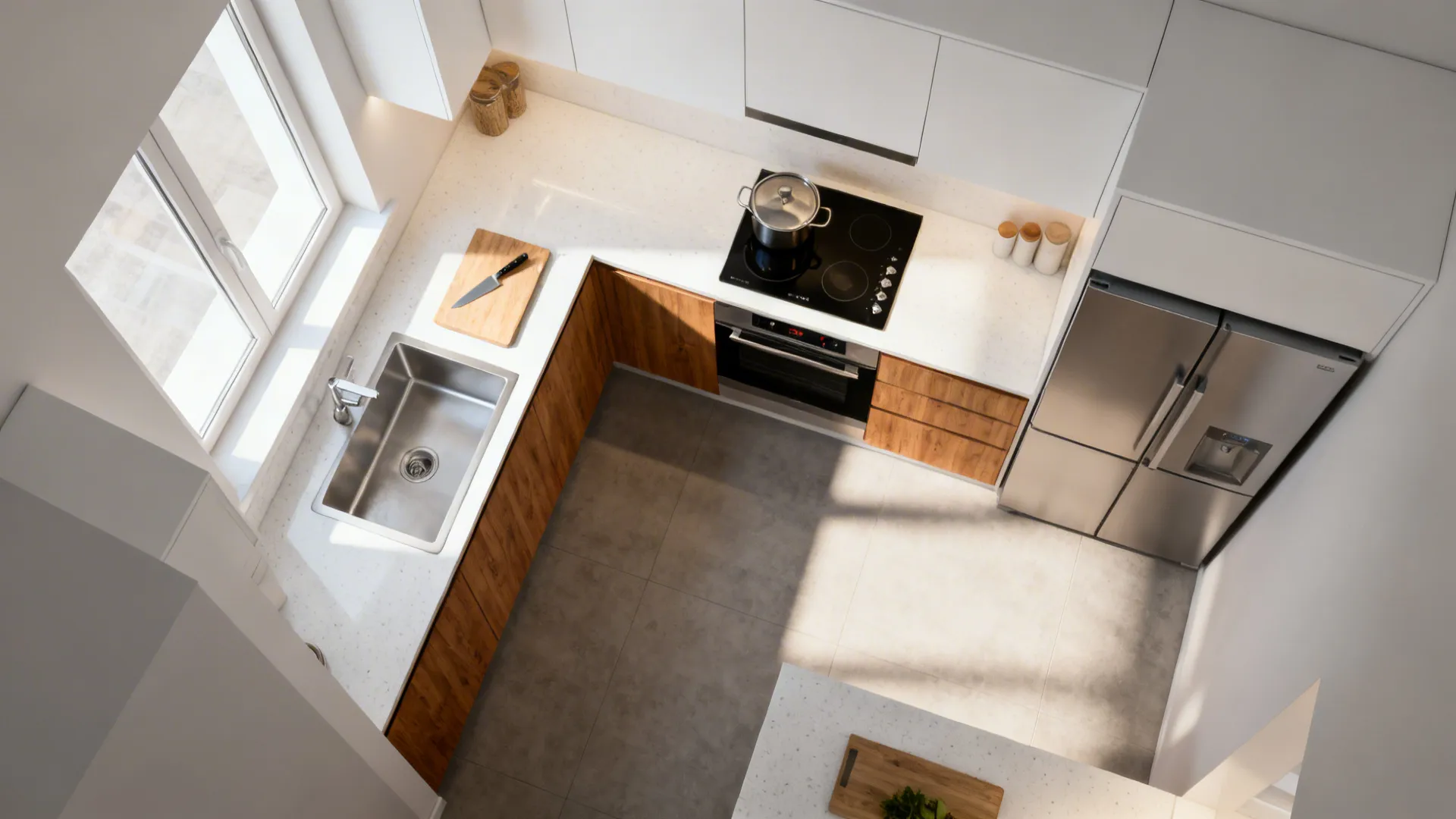 Top-down view of a compact kitchen layout with efficient work zones and a clear triangle in an L or galley plan.