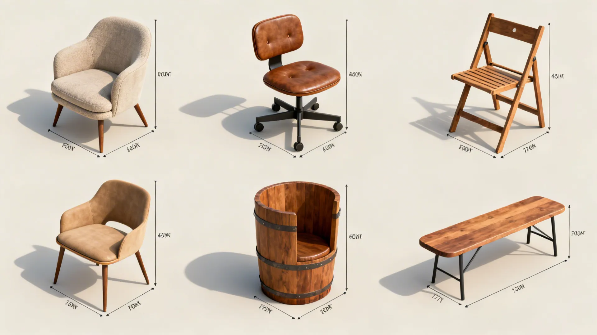 Six different chair and bench styles with size measurements shown on a simple light background
